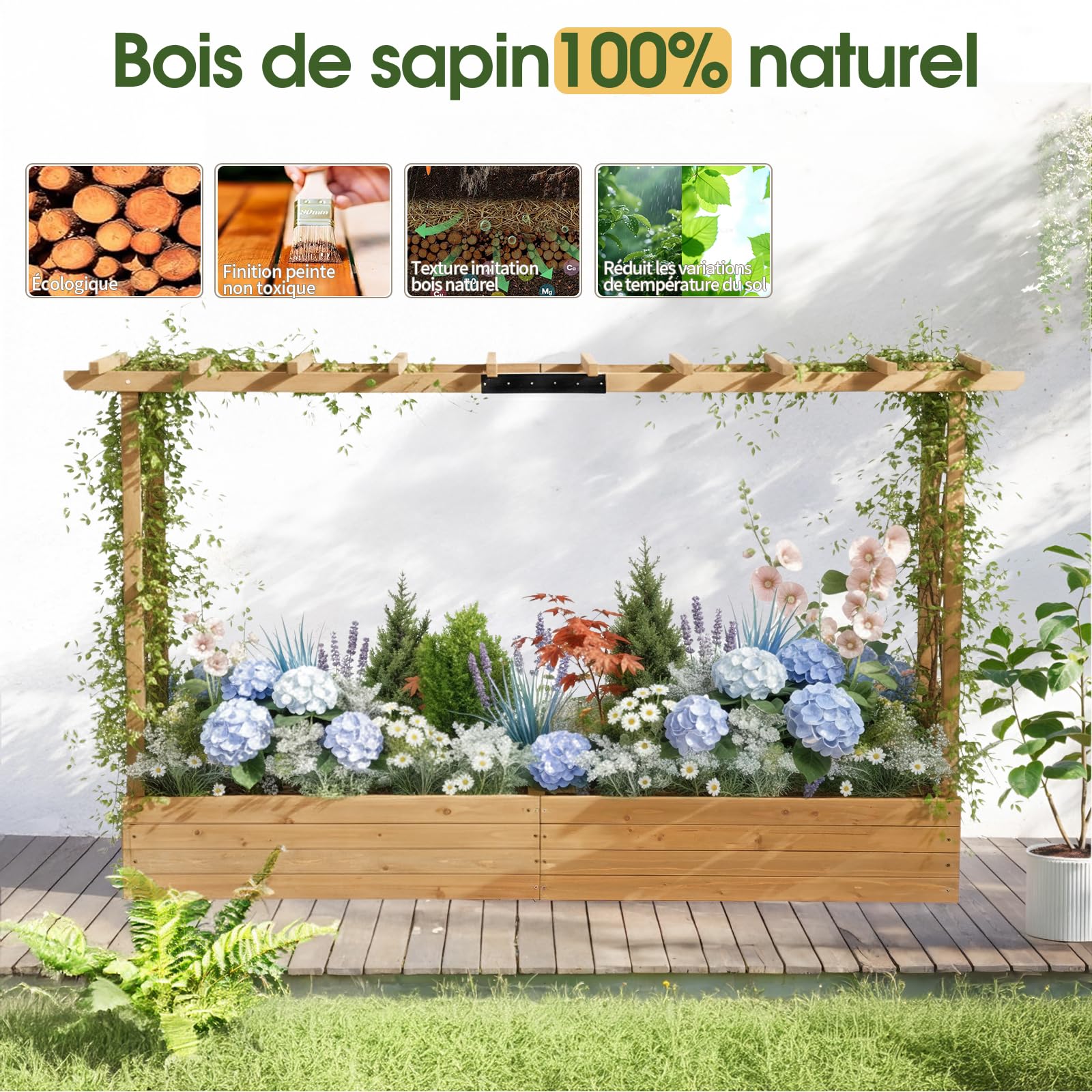 LEADZM Jardinières surélevées pour balcons, jardinière avec Treillis pour Jardins - pour Plantes grimpantes, légumes, Fleurs, extérieur (Version étendue(200 x 45 x 113 cm))