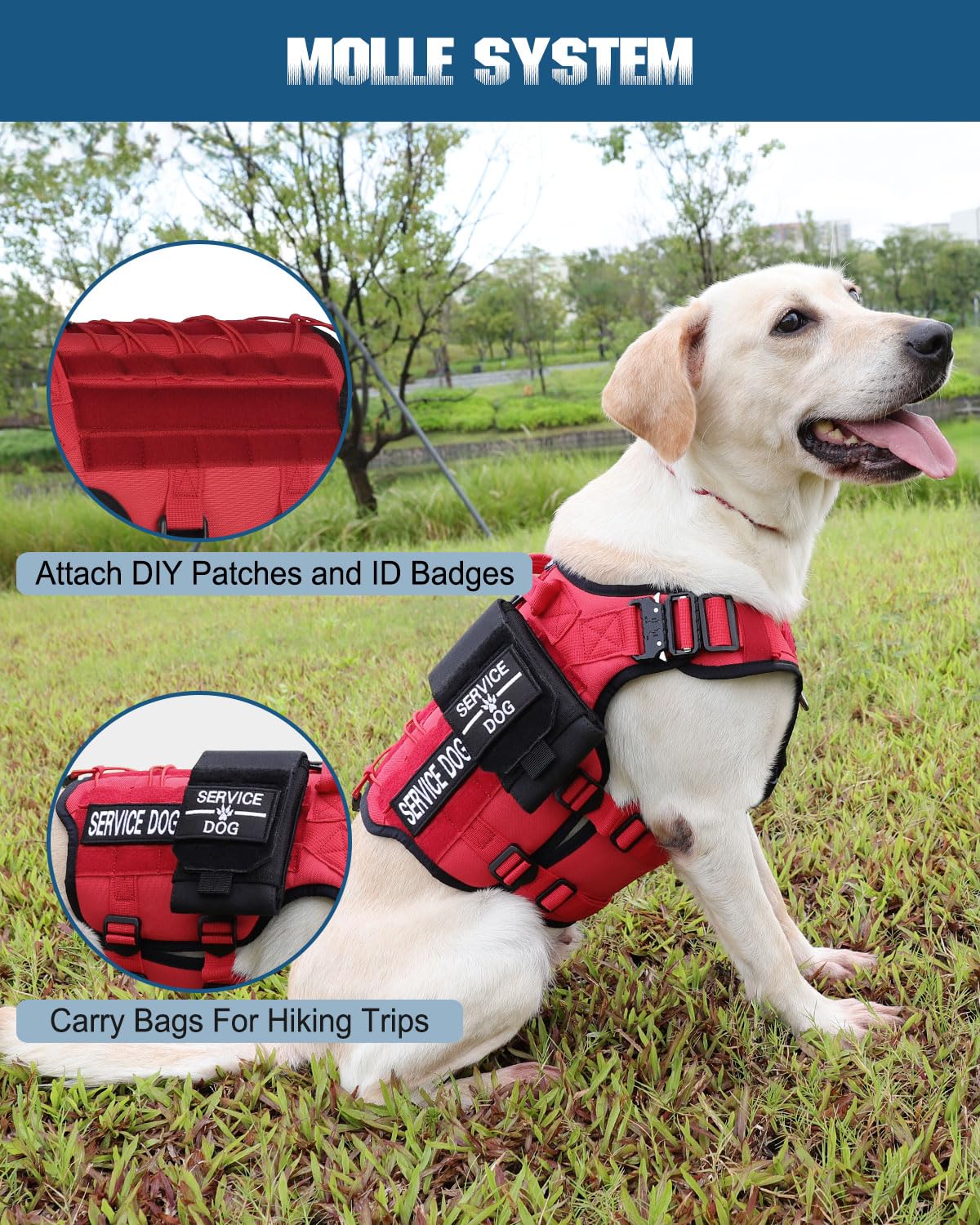 PETNANNY Chaleco táctico para perro, arnés de apoyo emocional sin tirones con parches de velcro y sistema Molle para entrenamiento y caza (rojo, XL)