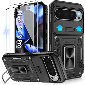 jshru mobile phone case for Google Pixel 9/9 per camera protection slide with 2 protective film military shockproof protective case 360  metal ring stand case for pixel 9/9 per black