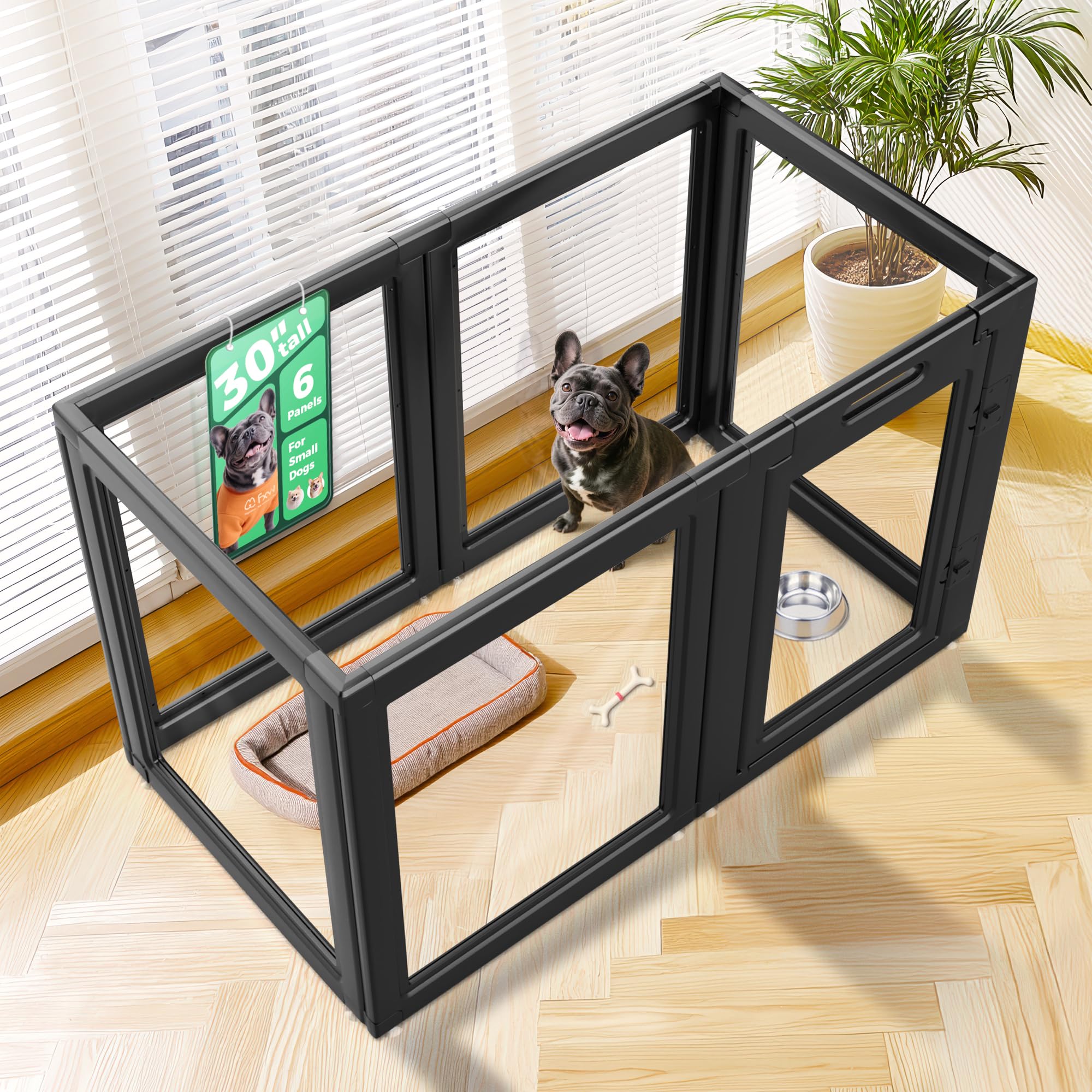 FXW AuraSpace Clear Acrylic Indoor Dog Playpen, 30" H, 6 Panels, Black