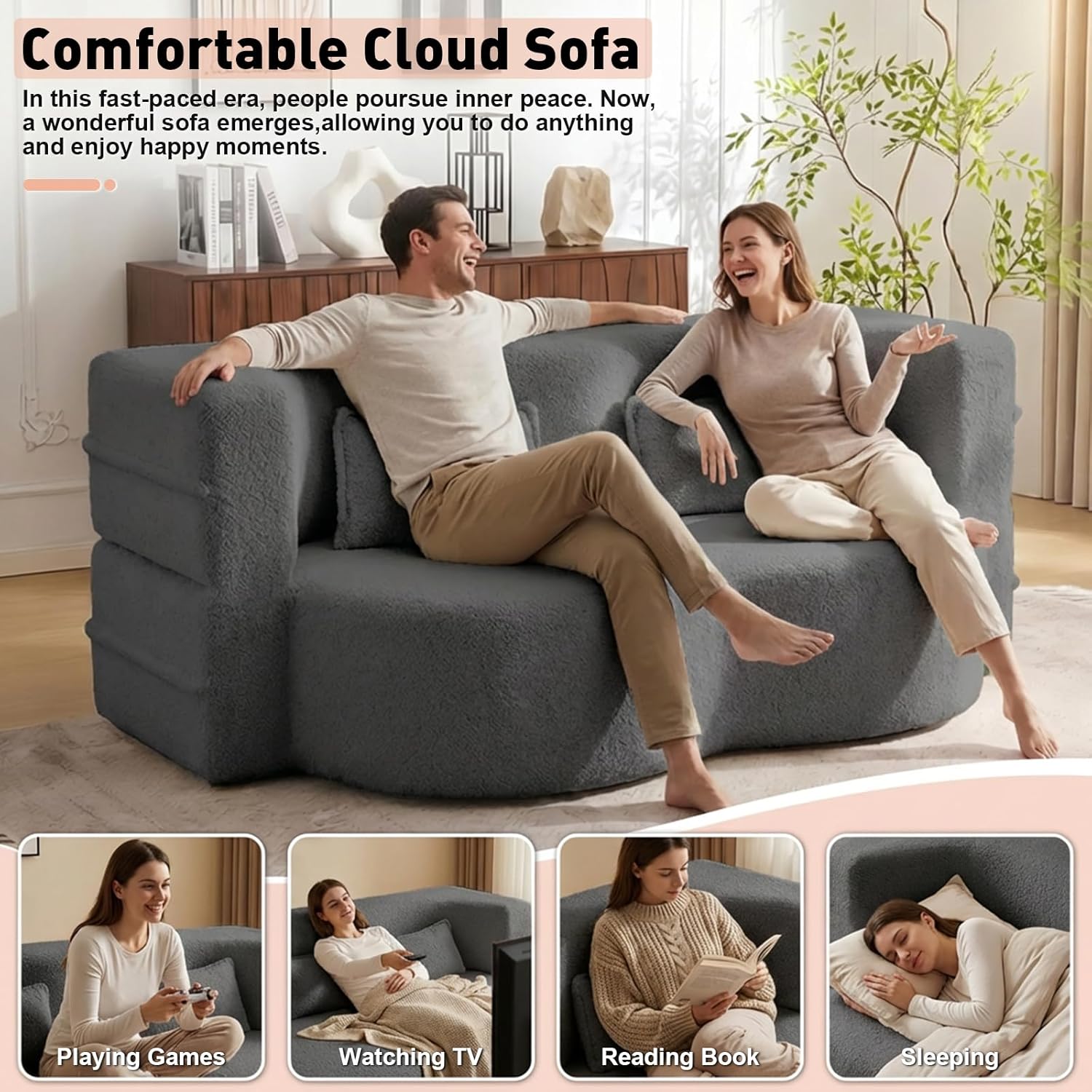 78" Full Size Convertible Folding Sleeper Sofa Bed, Modern Teddy Fabric Futon Sofa Bed with Pillow, Foam Mattress Loveseat Couch, No Assembly Floor Boneless Couches for Living Room, Apartment, Grey