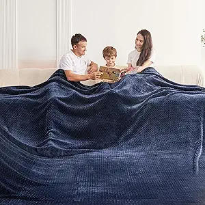 Oversized King Fleece Blanket 120x120 Inches, Seamless Soft Cozy 3D Jacquard Flannel Blanket 10'x10' Extra Large for Bed, Sofa, Couch, Travel & Camping, California King Throw, Navy Blue Leaf