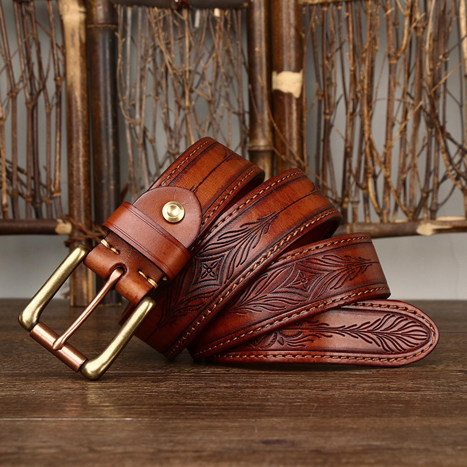 Gürtel Herren Damen Vollledergürtel Handgemachtes Prägung Ledergürtel Mit Goldener Gürtelschnalle Dornschließe Ornament Druck Blumen Und Blätter Muster Jeansgürtel(115cm/45, Brown)