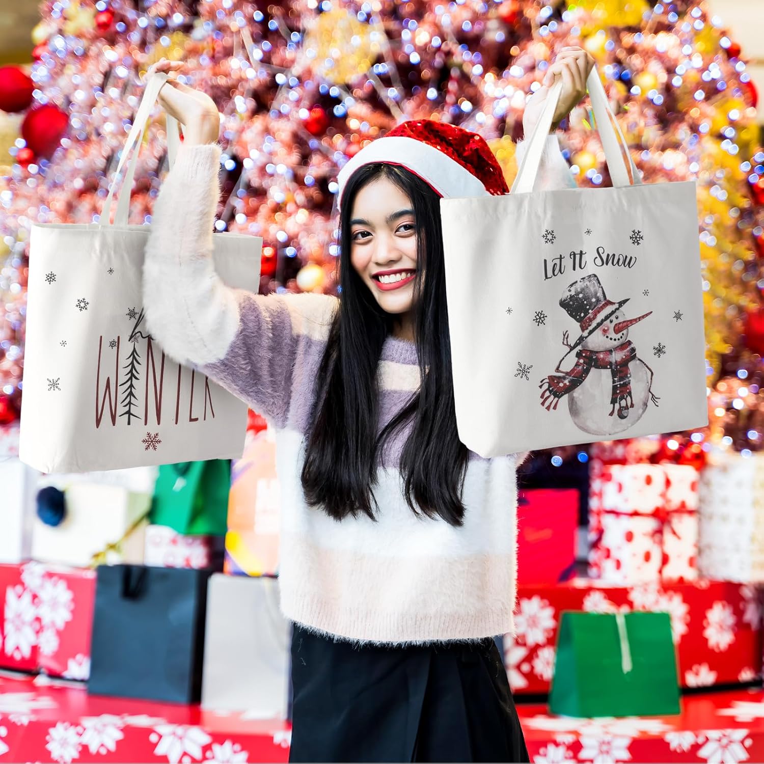 Bencailor 6 Pcs Christmas Canvas Tote Bags Reusable Merry Xmas Tree Aesthetic Grocery Shopping Gift Bags for Women Xmas Gifts (Buffalo Plaid,White) - Image 3