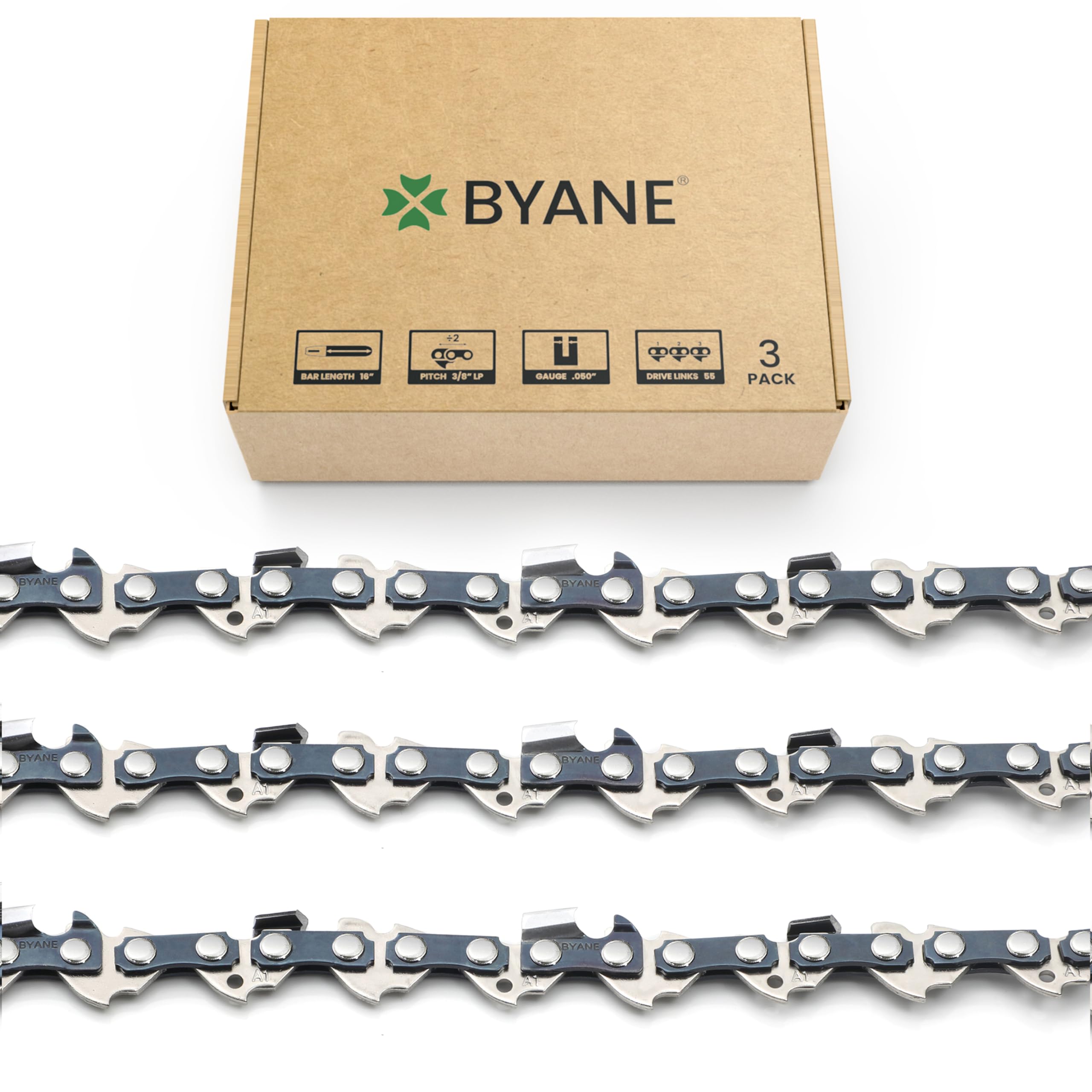 Byane 3-Pack Chainsaw Chains 16 inch (40cm) 3/8" LP Pitch, 0.50" Gauge (1.3 mm), 55 DL Drive Links. Compatible with Stihl 018 MS180 MS181 020 021 023 MS200T MS211 MS201T MS231 โ image 1
