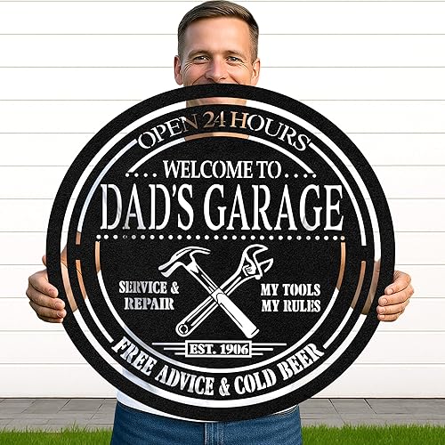 Miniatura 25 de Letrero de taller de garaje personalizado para hombres, arte de pared de metal con nombre personalizado para cobertizo mecánico, decoración rústica