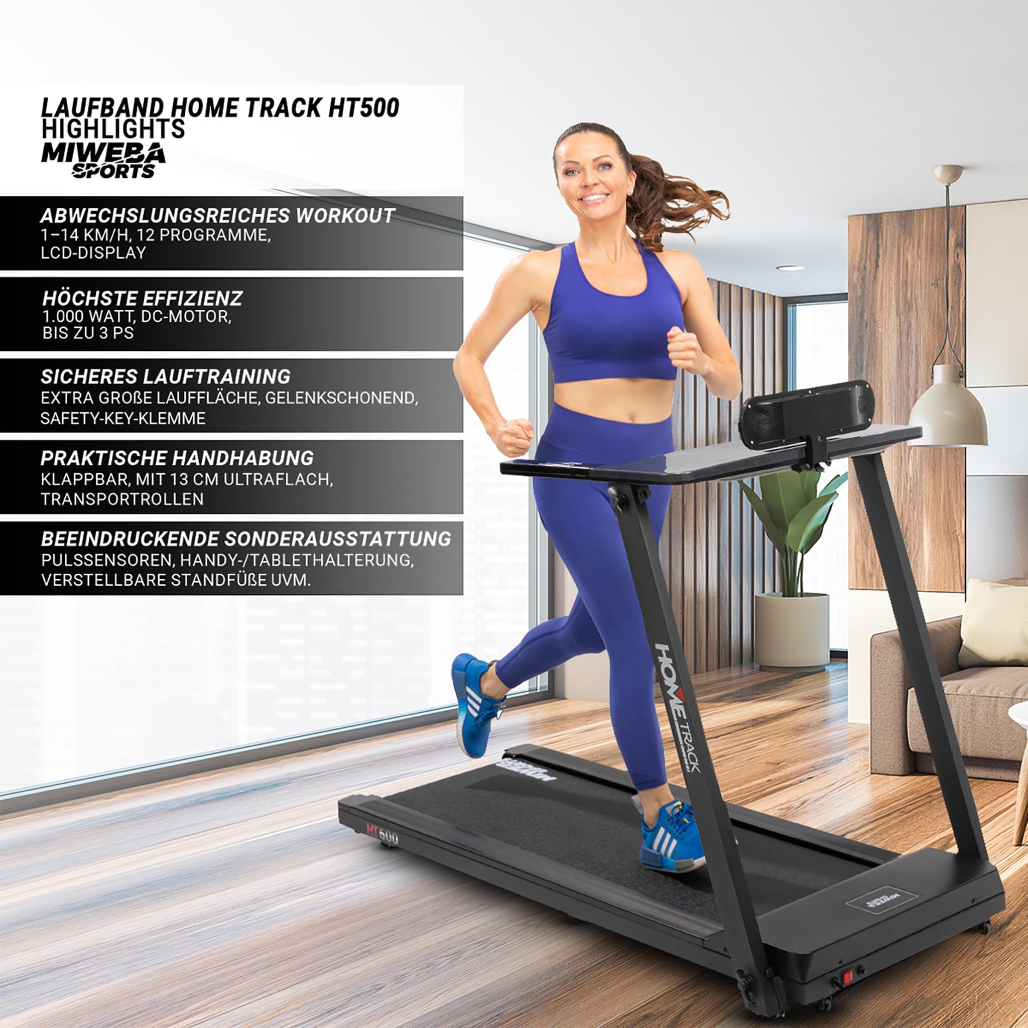 Miweba Sports elektrisches Laufband HT500 | 3 PS - 14 Km/h - Traglast 120.0 Kg - Klappbar - Große Lauffläche - LCD-Display - 12 Programme - Elektro-Laufband - Fitnessgeräte für Zuhause - Fitness