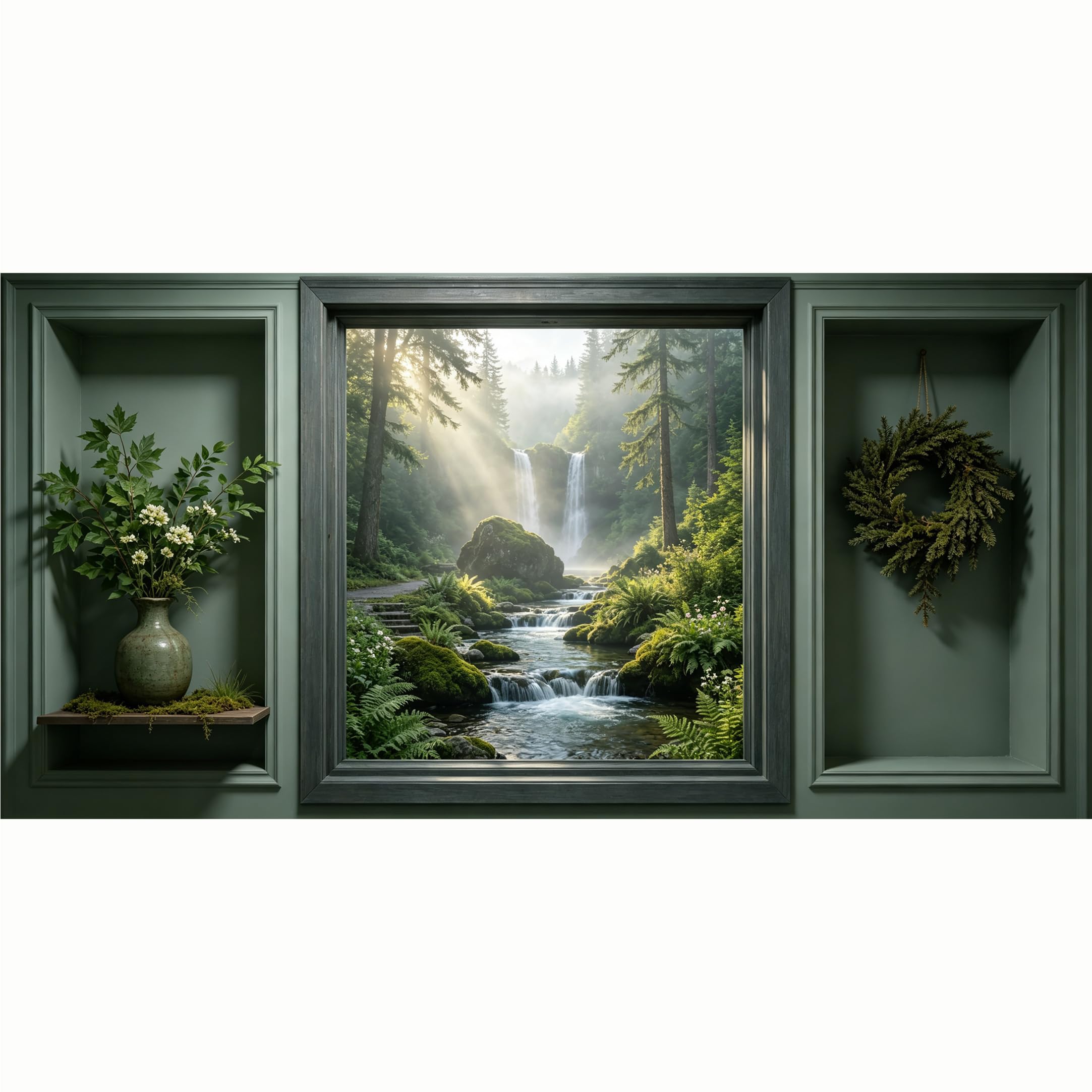 QZLITHOTIC 50x100cm 3D Framed Wall Art， Mist Waterfall Forest Landscape SelfAdhesive Mural， WaterActivated Peel & Stick Fabric Decor Wall Decal for Bedroom Living Room