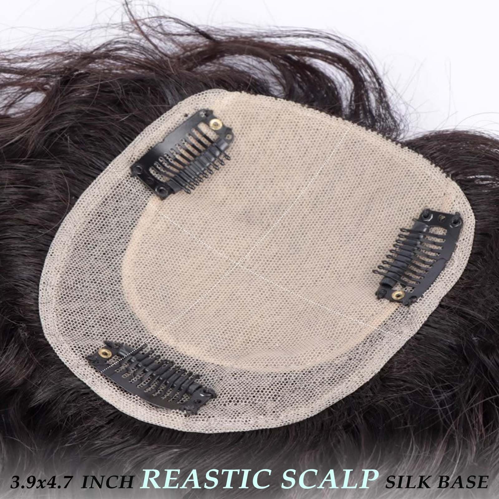 Echthaar-Topper mit Seidenbasis für Damen, 30 cm lange Clip-in-Ponyfrisur, lockig-wellig, ideal für dünnes Haar, 10 x 12 cm Basis mit Clips, 100% Echthaar, dunkelbraun