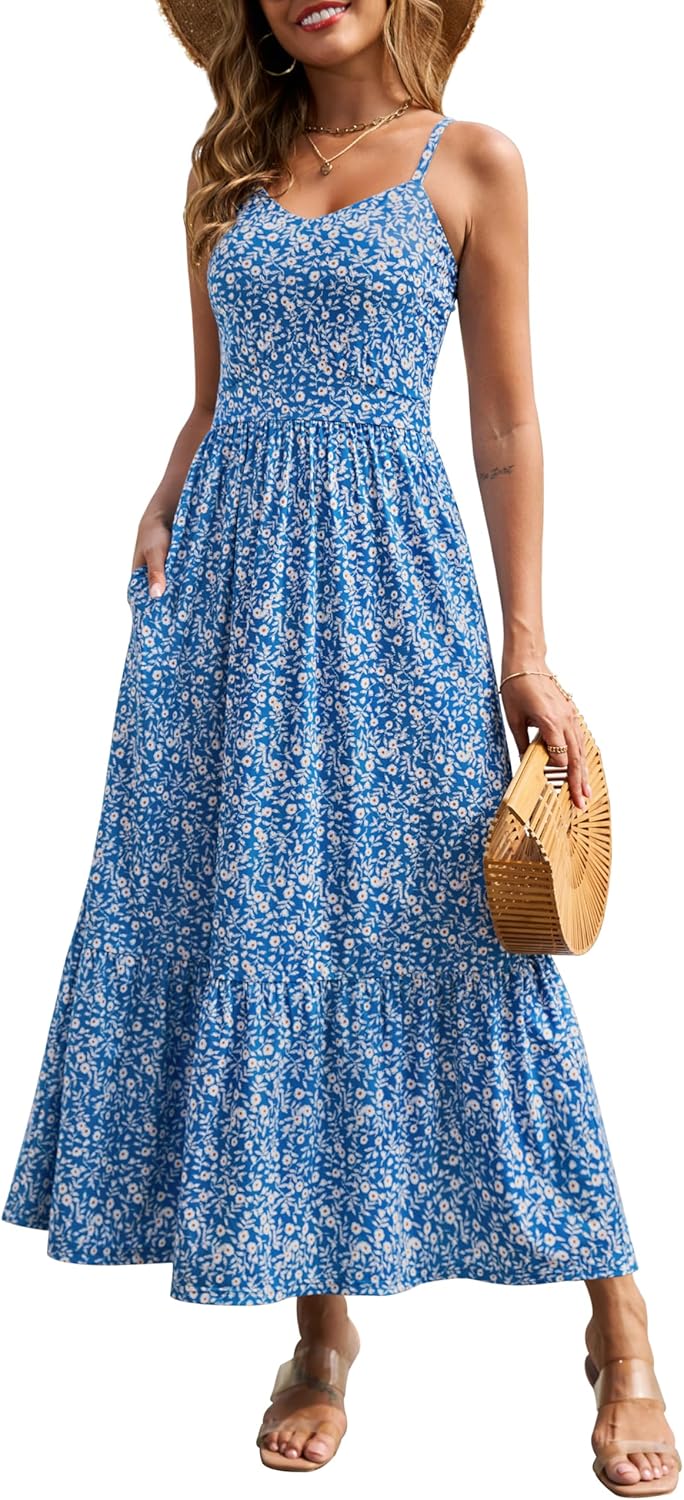 Zattcas Women's 2026 Summer Casual Floral Maxi Dress with Pockets Spaghetti Strap V Neck Empire Waist Beach Long Sundress
