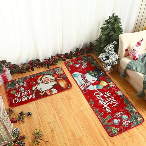 Miniatura 7 de Juego de 2 alfombras y tapetes de cocina con texto en inglés "Merry Christmas", tapete para fregadero de invierno y vacaciones, tapete para cocina,