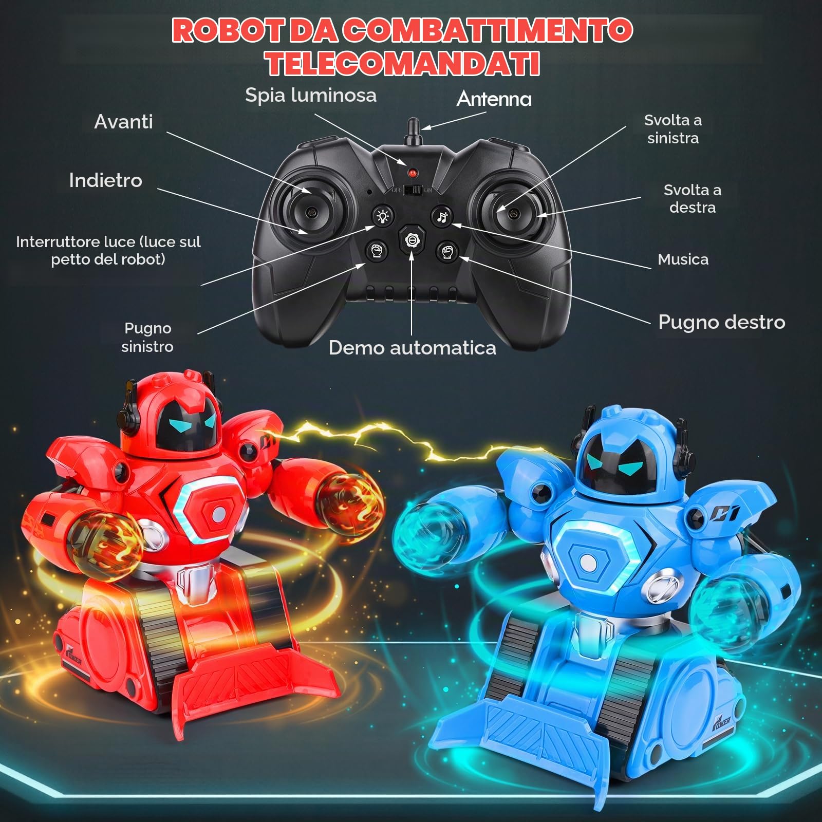 2 Robot Telecomandati, RC Collision Robo Giocattolo, Combattimento Robot con Luce LED e Musica, Carrello da Calcio Ricaricabile, Robot da Combattimento Regalo Bambino 6 Anni in su