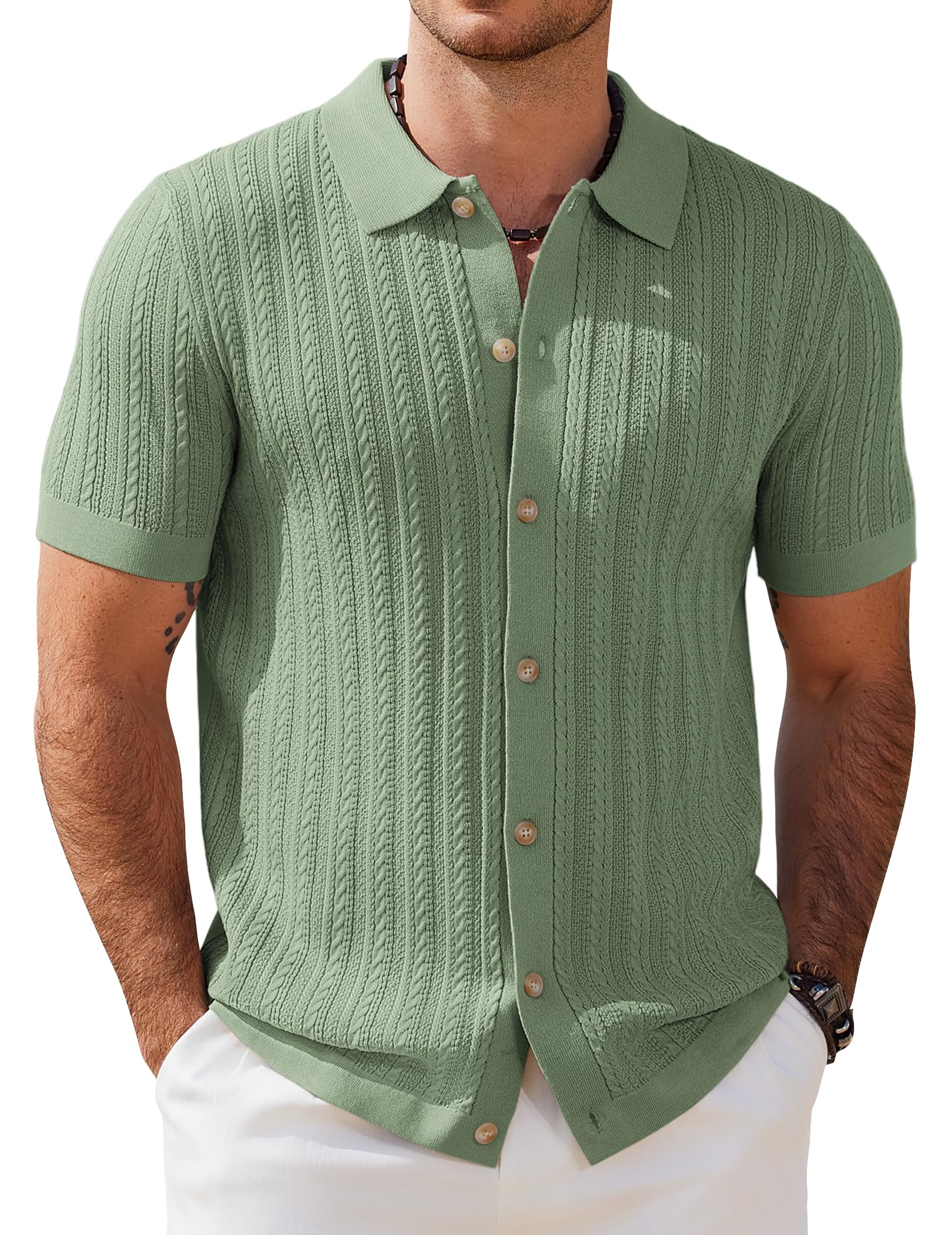 COOFANDY Herren Poloshirt Kurzarm Strick Polo Hemden mit Knopfleiste Zopfmuster Strickhemd Sommer Golf Shirts