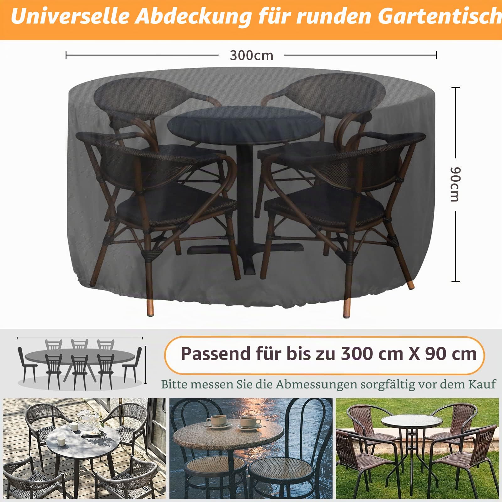 RICHIE Gartenmöbel-Abdeckung, wasserdicht, strapazierfähig, aktualisiertes 420D-Oxford-Gewebe, 300x90cm, runde Tischabdeckungen, Rattan-Möbelabdeckungen für Möbelsets, Schwarz