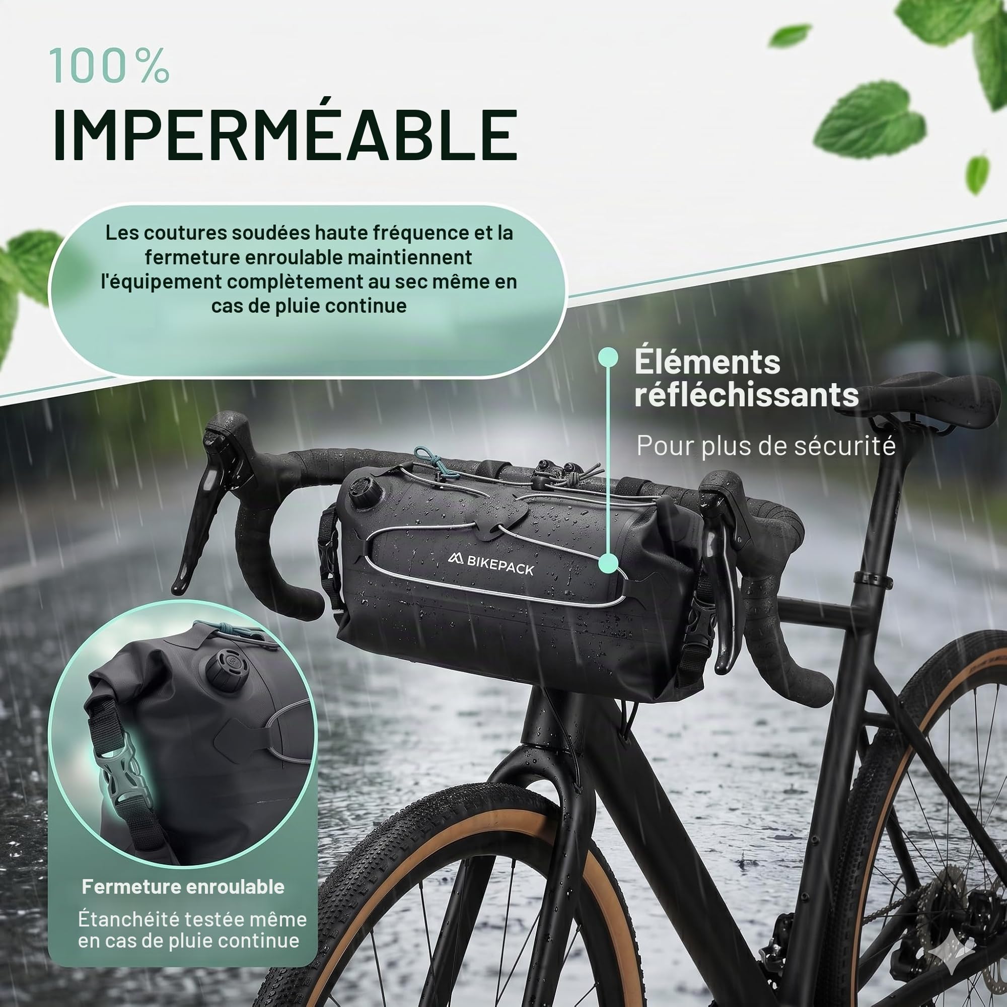 BIKEPACK Sacoche de Guidon Vélo 9,5L Étanche - Bikepacking Gravel VTT | Rouleau imperméable avec séparation intérieure et poche téléphone, montage sans outil, accessoire route et cyclotourisme
