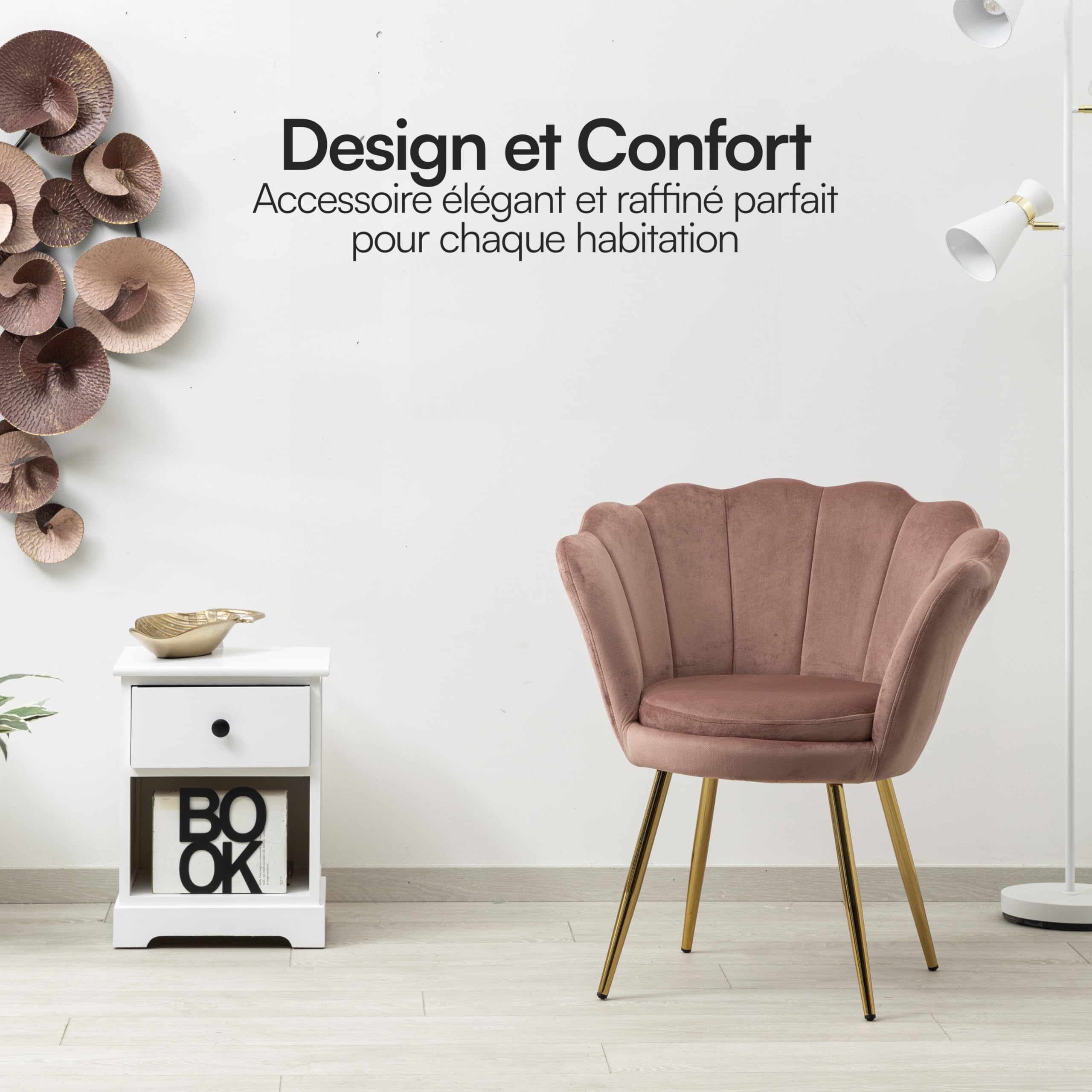 Baroni Home Fauteuil en Velours ave Dossier à Coquillage Rembourré, Chaise avec Pieds en Or, Fauteuil Relax de Salon, de Chambre, Fauteuil de Cuisine et Salle à Manger, 69x71x84 cm, Rose Poudré