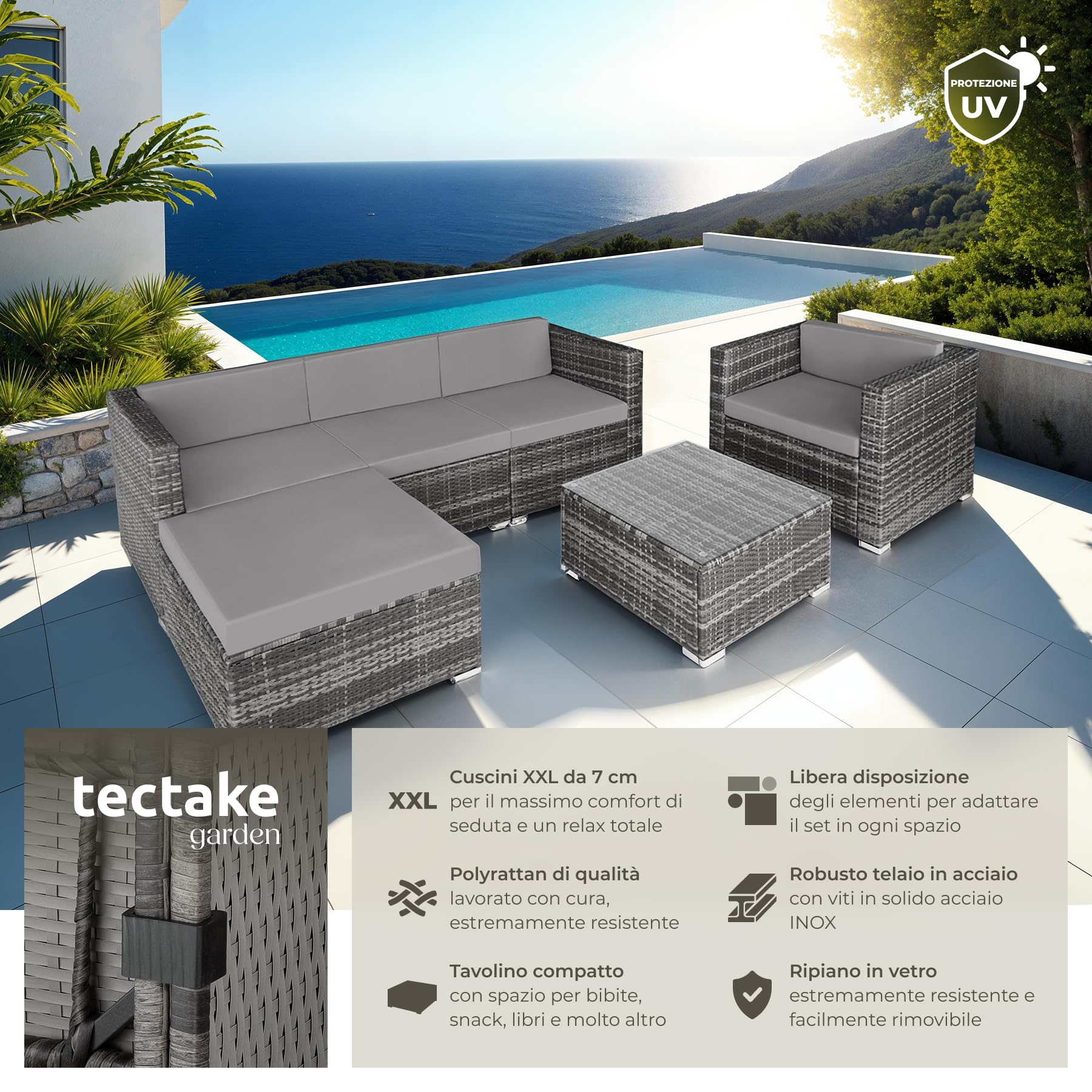 tectake® Set Rattan Milano, Arredo Giardino Elegante con Poltrone, Panche, Tavolo Vetro - Resistente UV, Struttura Acciaio, Imbottitura Morbida, Versatile - Grigio