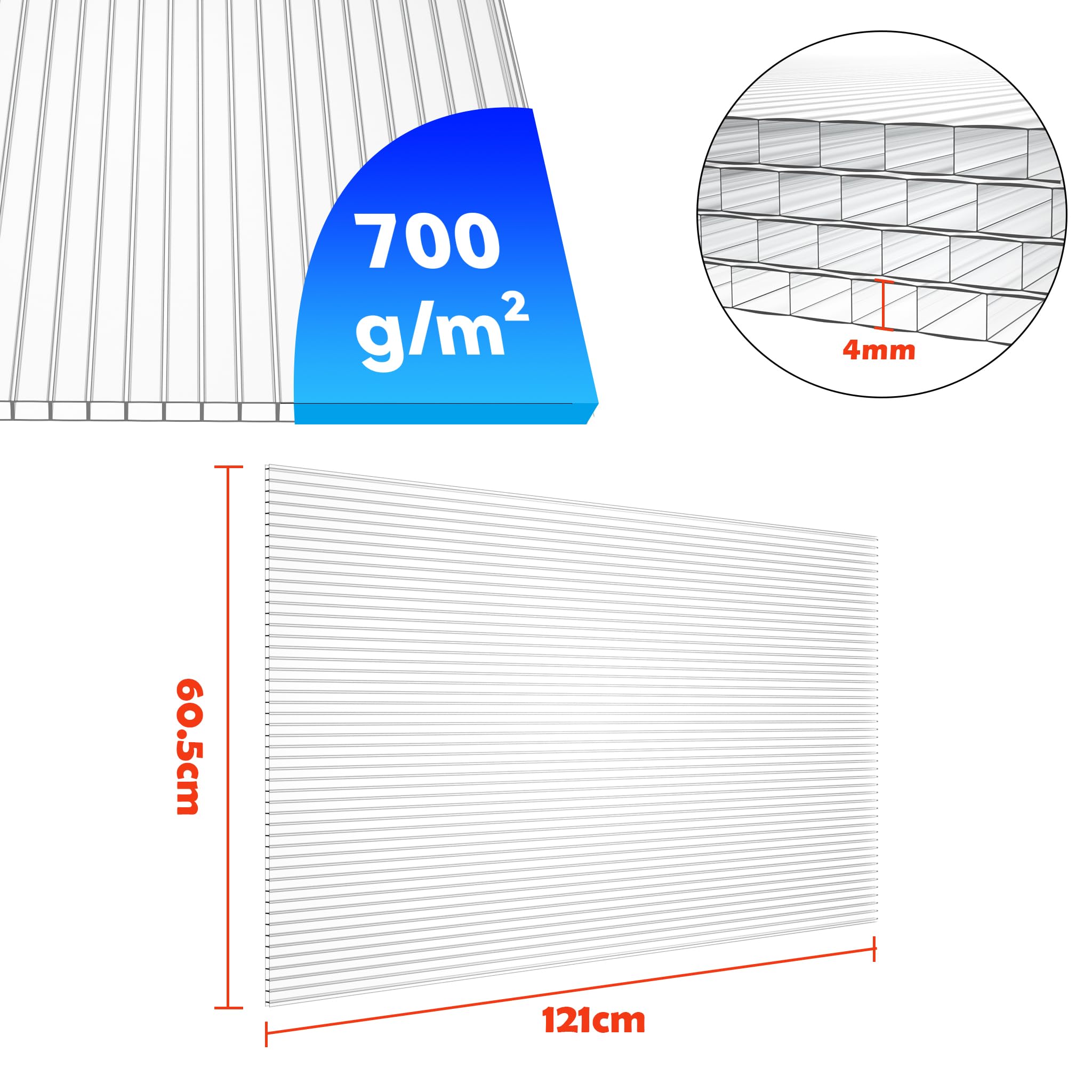 14 Stück Polycarbonat Hohlkammerstegplatten, 4 mm Stärke, 60,5 x 121 cm, 10,25 m² Gewächshausplatte Stegplatten Doppelstegplatten, Gartenbau Carports UV-beständig und Stoßsicheren