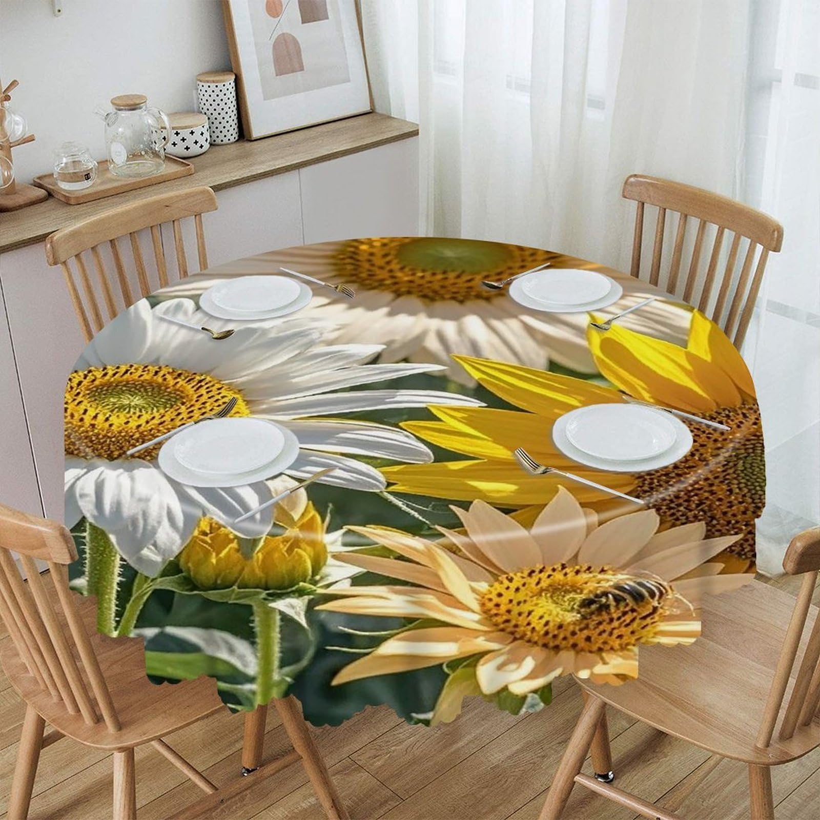 FekiLoot Sunflowers Daisy Rose Flowers Round Tablecloth 60 Inch Waterproof Heavy Duty Table Cloth Spillproof Washable Table Cover Wrinkle Resistant Tablecloths Decorative Table Cloths