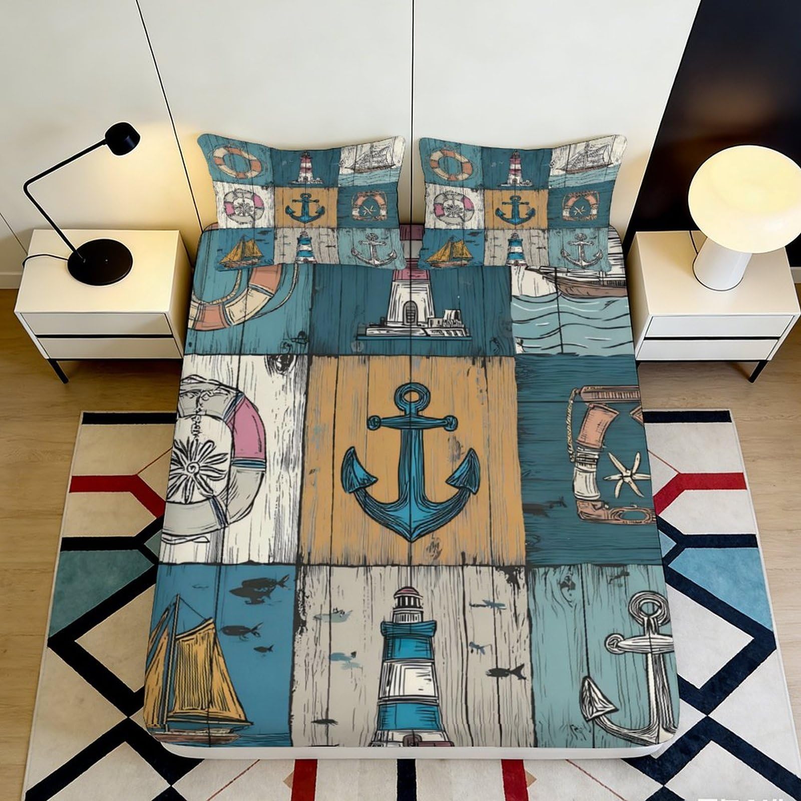 3D Printed Nautical Anchor Fitted Sheet Microfiber Soft Breathable Maritime Lighthouse Mattress Cover for Bedroom Dorm Decor 90x200x25cm