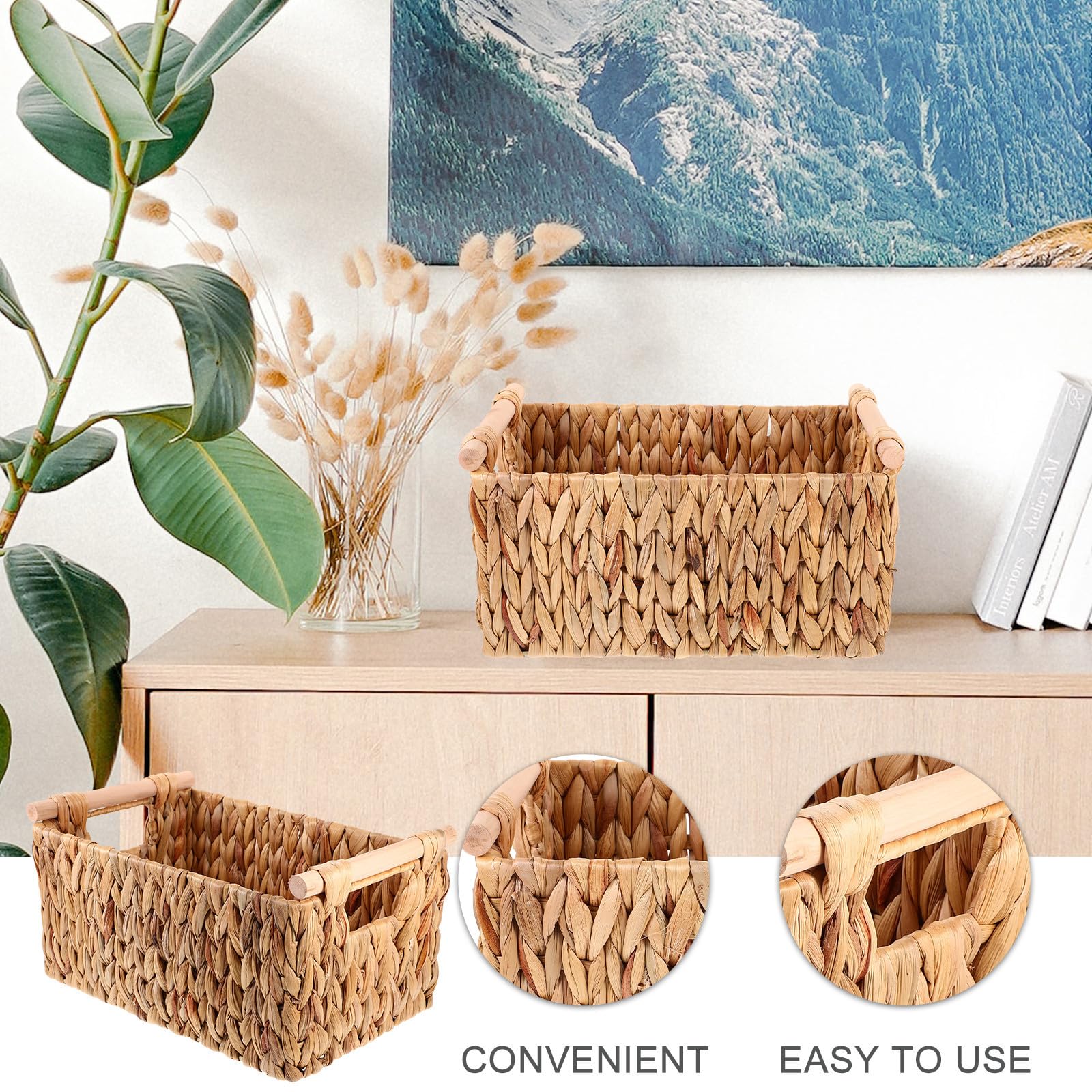UKCOCO Cesta Tejida Organizadora, Cestas Organizadoras de Madera E Hierro, con Asa, Estilo Rústico y Natural, para Guardar Revistas en Casa