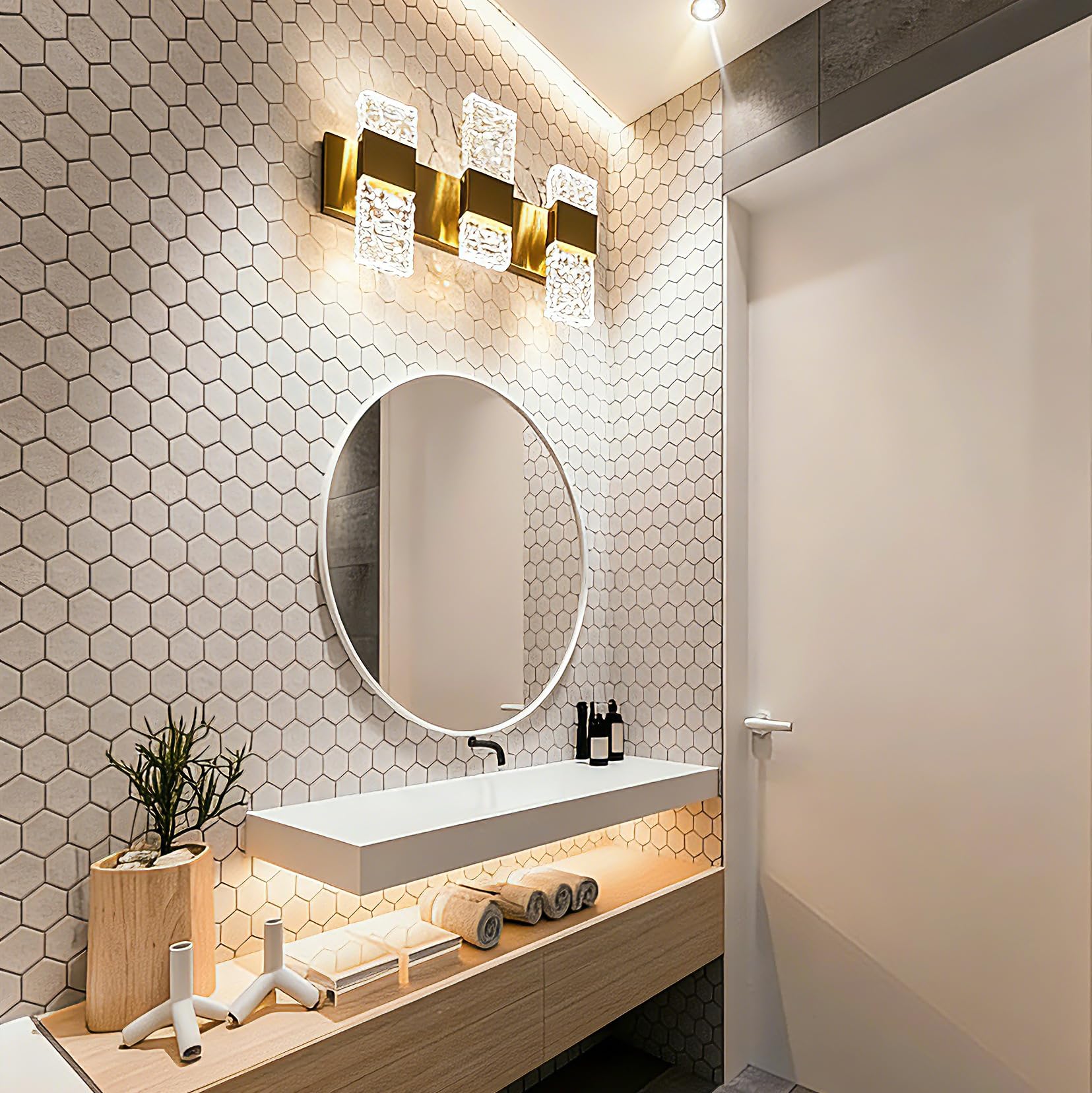 Goldene Badezimmer-Eitelkeitsleuchte über Spiegel, LED-Kristall, modern, 3 Leuchten, gebürsteter Edelstahl, Wandmontage, Leuchte für Badezimmer-Beleuchtung, 3000 K, 30 Watt, warmes Licht