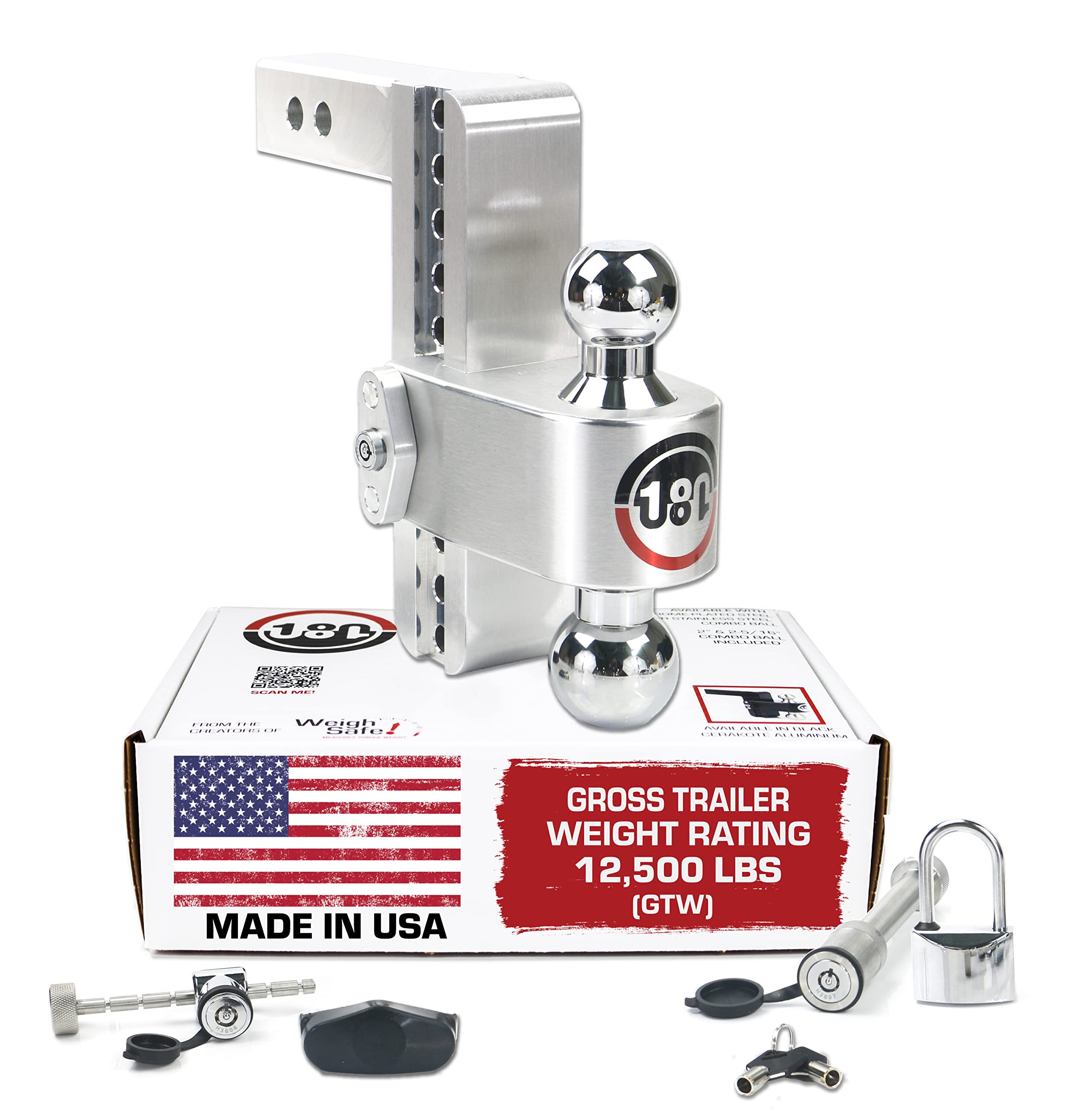 Photo 1 of Weigh Safe Adjustable Trailer Hitch Ball Mount, 8" Adjustable Drop Hitch for 2" Receiver w/ 4 pc Keyed Alike Lock Set, Heavy Duty Aluminum Trailer Tow Hitch w/ Chrome Plated Tow Balls, 12,500 lbs GTW 8" Drop Hitch 4 Piece Keyed Alike Lock Set
