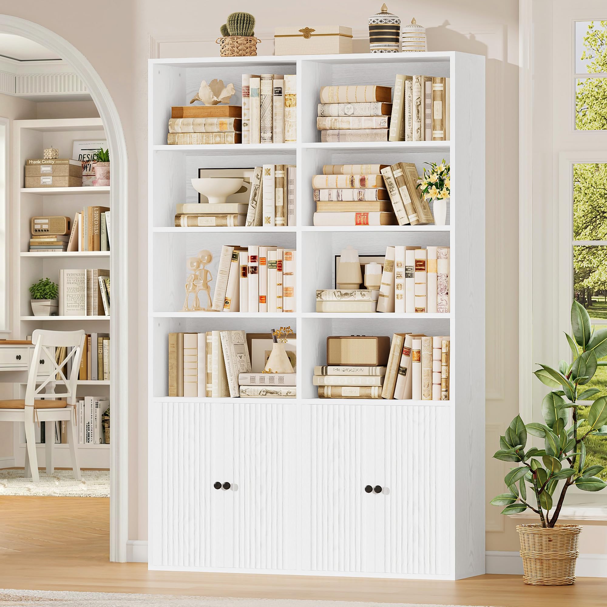 IRONCK Bücherregal mit Türen, Regal Holz mit 6 Ebenen 12 Fächern, Bücherschrank Hochschrank Vitrinenschrank, Einstellbare Regalböden, Standregal für Wohnzimmer Büro Schlafzimmer 108×30×180cm (Weiß)