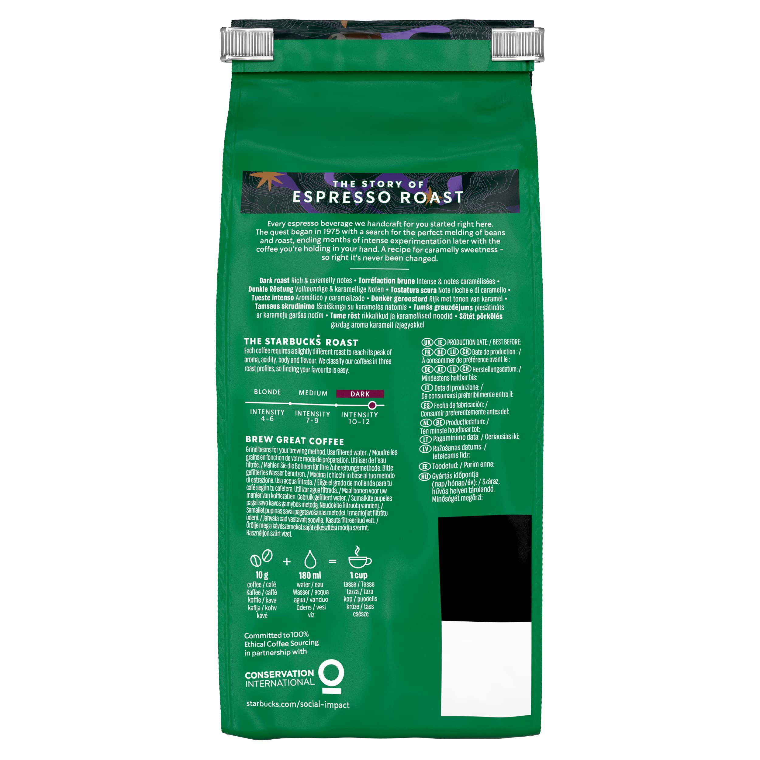 STARBUCKS Espresso Roast, Torréfaction Brune, Café en Grains 450g (Pack de 4)