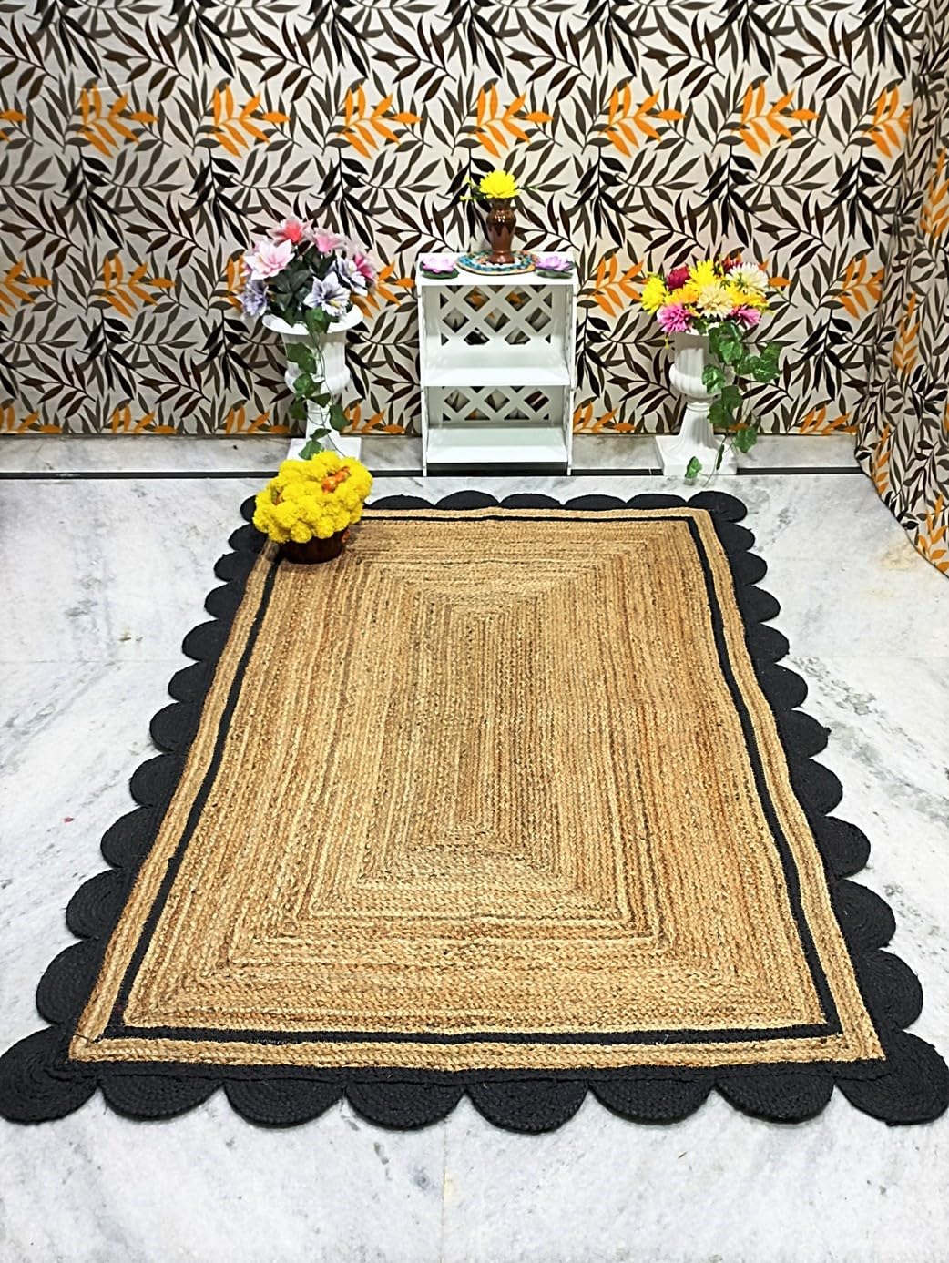 Handmade Braided Natural Jute with Black Scalloped Design Area Rug, Home Décor Rug, Jute Rug for Bedroom, Dining Room, Living Room, Doormat Rug Size - 2' Square (60 cm x 60 cm) — image 1