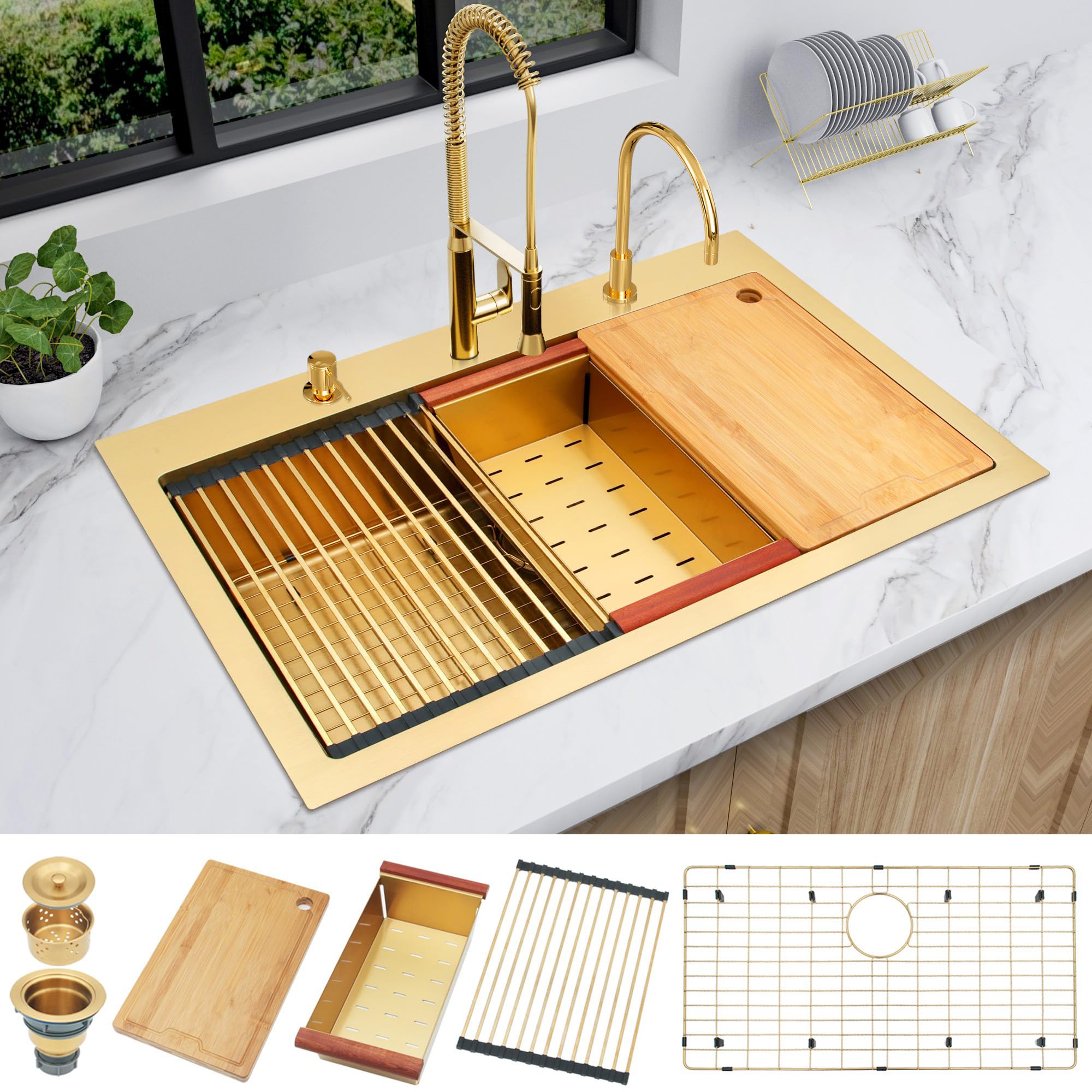 LQS Gold Kitchen Sink with 3 Holes, Kitchen Sink 33x22 Drop In, 33 Inch Large Top Mount Stainless Steel Handmade Sturdy 16 Gauge T304 with Abundant Accessories, R10 Round Corner