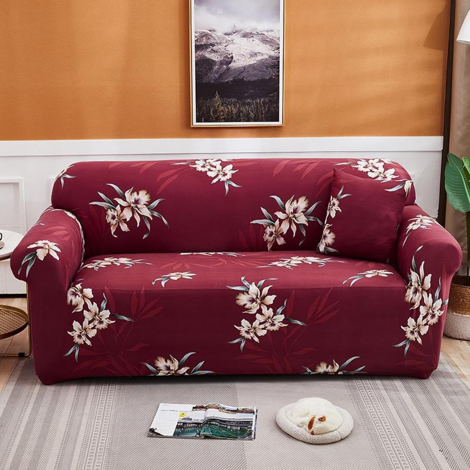 Sofa Cover Wine Red Flower Stretch Sofa Covers Spandex Sofa Protectors from Pets Washable Covers for Sofas Non Slip Couch Covers All Seasons Couch Cover with Elastic Strap 1 Seater