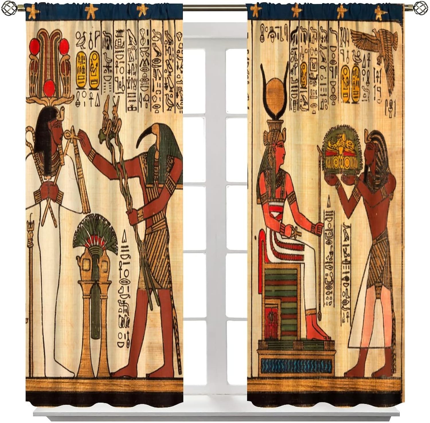Ancient Egypt Blackout Curtains,Mythology Egyptian Gods Pharaohs with Antique Hieroglyphs Print Pattern Thermal Insulation Window Drapes for Living Room Bedroom 42x45 Inch