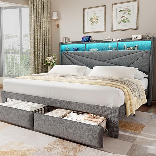 Miniatura 11 de Base de cama Queen con cabecera de almacenamiento de 2 niveles, marco de cama tapizado tamaño Queen con 2 cajones, estación de carga y luces LED, no
