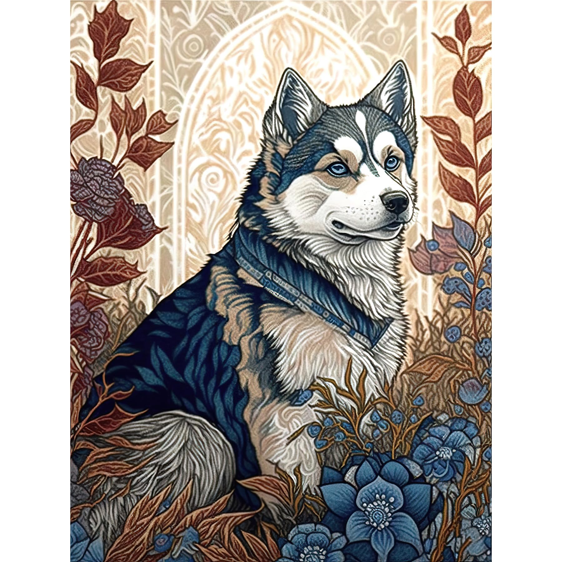 Artery8 Siberian Husky Dog in Autumn Flower Field Modern Art Nouveau Illustration Extra Large XL Wall Art Poster Print