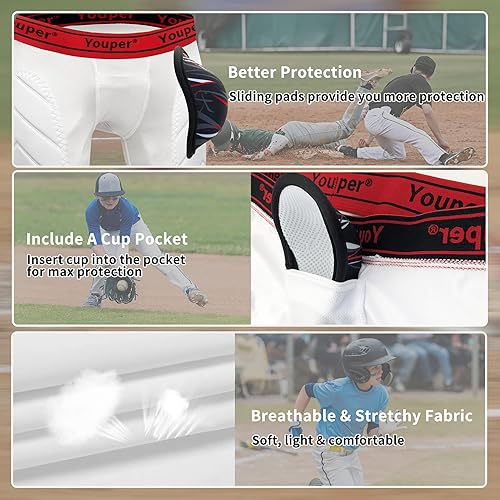 Miniatura 3 de Youper Pantalones cortos deslizantes acolchados para niños con copa atlética protectora suave para béisbol, fútbol americano, lacrosse