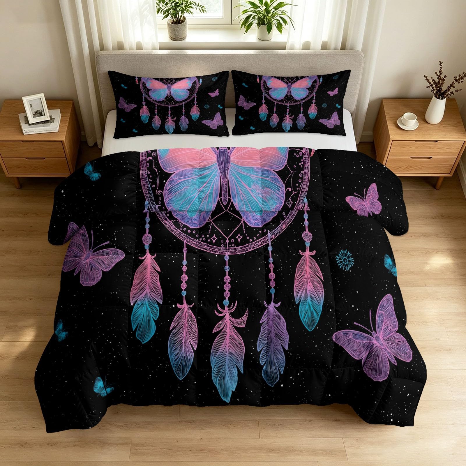 Edredón reversible con dibujo de plumas de mariposa y colcha suave