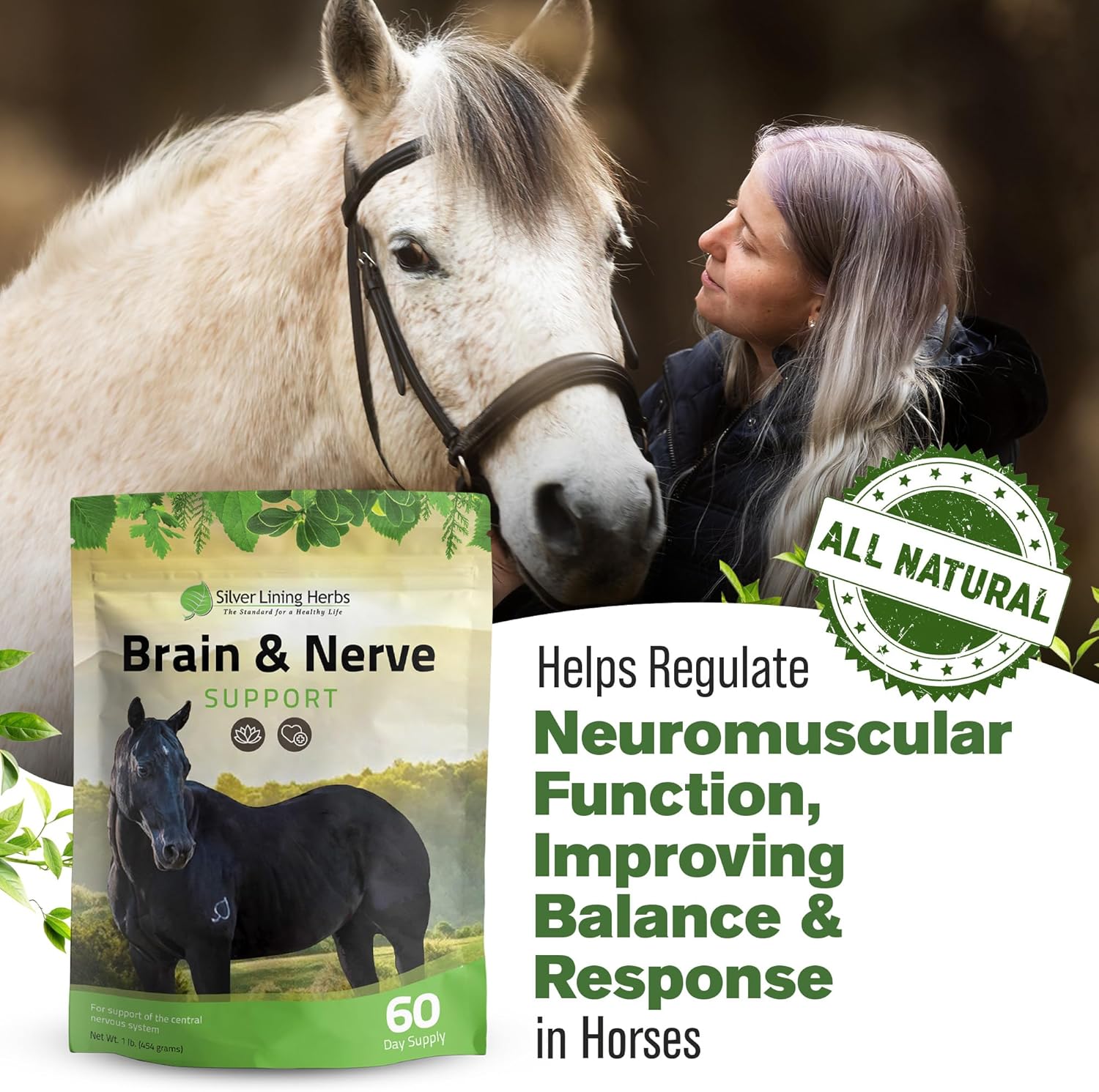 Silver Lining Herbs Brain & Nerve Support Supplement for Horses - Horse Supplements for Focus, Mental Health & Brain Support - Contains Herbal Blend of Ginkgo, Gotu Kola, & More - 1 lb 60-Day Supply
