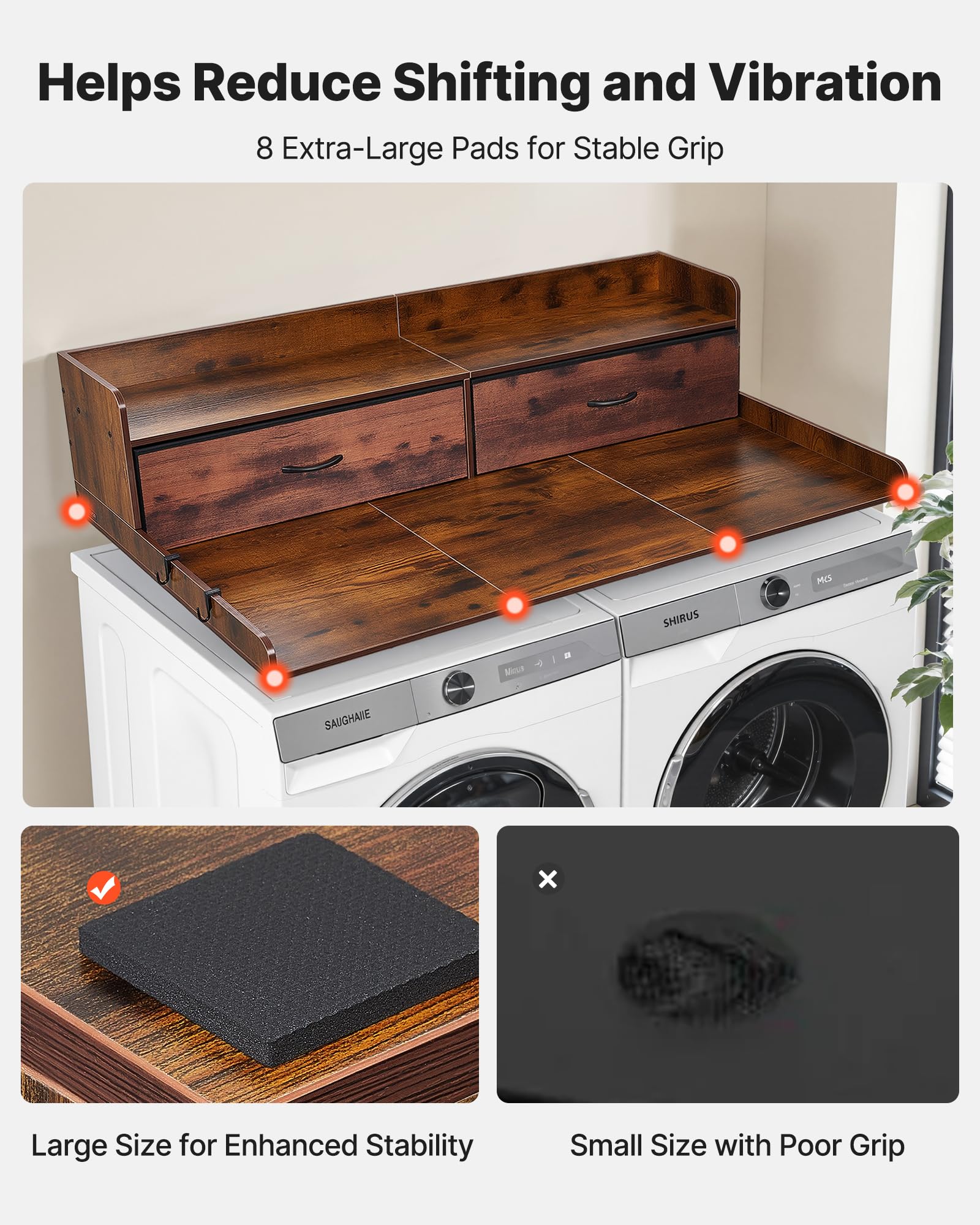 VEVOR Piano di Lavoro per Lavatrice e Asciugatrice con Ripiano 137 x 69,9 cm, Piano d'Appoggio con 2 Cassetti Integrati, Bordi Rialzati e Ganci, Coprilavatrice in Legno per Zona Lavanderia, Marrone