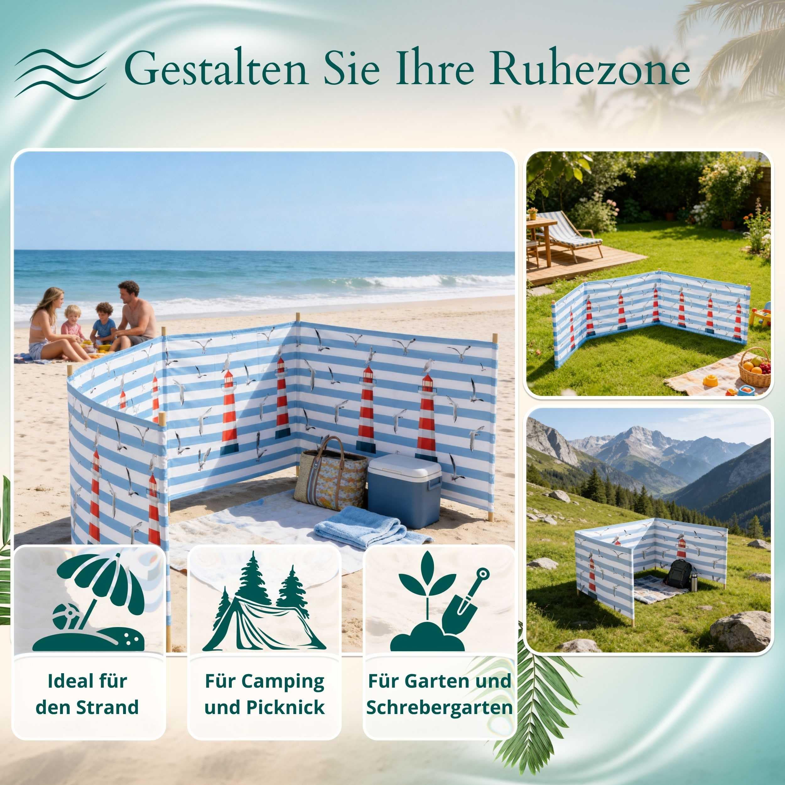Strandparavent Mikrofaser | Windschutz 80cm | Leuchtturm 8m | Robuste Holzstäbe | Vernäht | Hochwertig