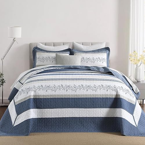 Miniatura 9 de Finlonte Juego de colchas de tamaño Queen, diseño floral de retazos reales, color marrón, azul marino, a cuadros, 100% algodón, reversible, ligero,