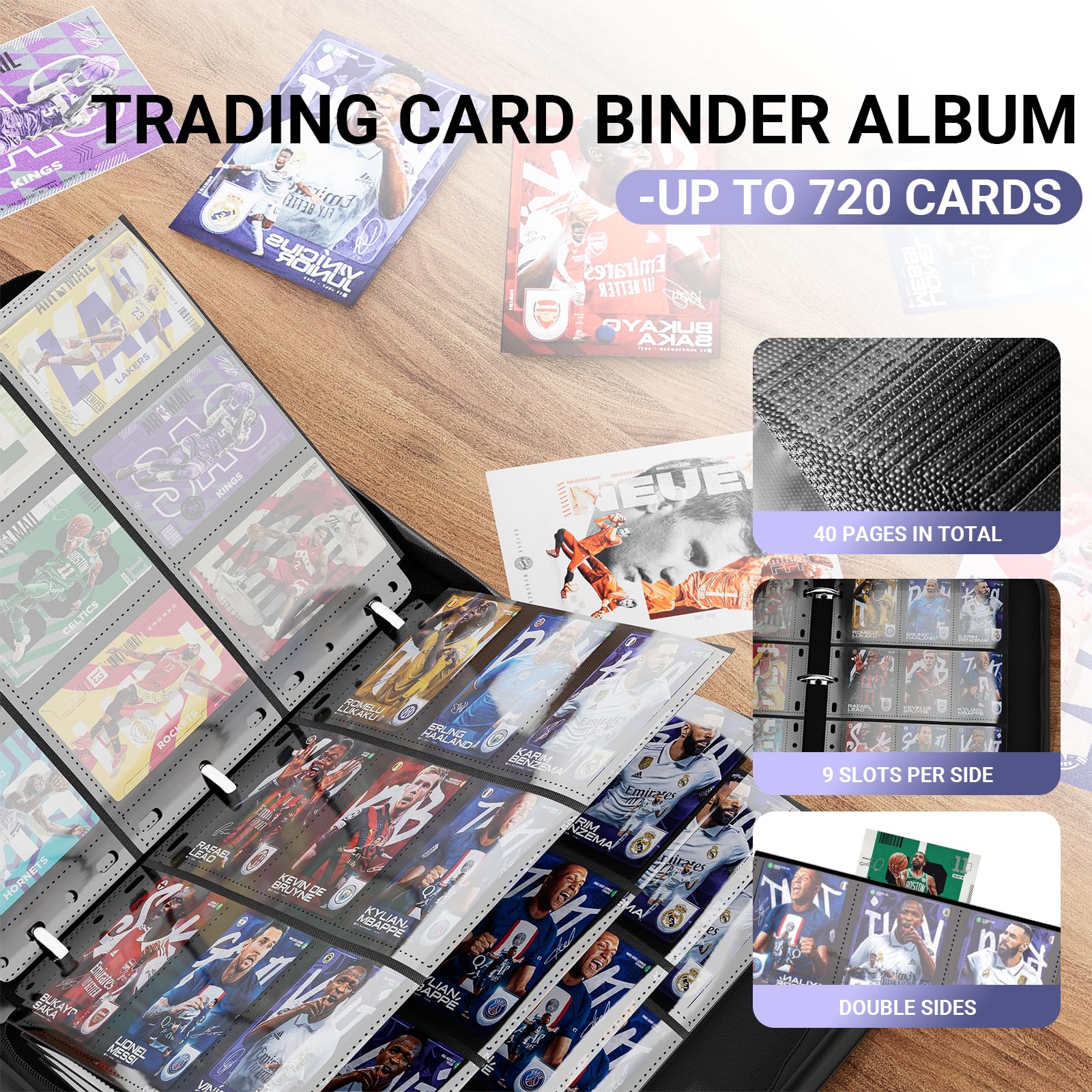 Carpeta de tarjetas de 9 bolsillos, 720 bolsillos de doble cara, carpeta de coleccionista de poliuretano, carpeta impermeable con cremallera para MTG, TCG y álbumes de tarjetas deportivas