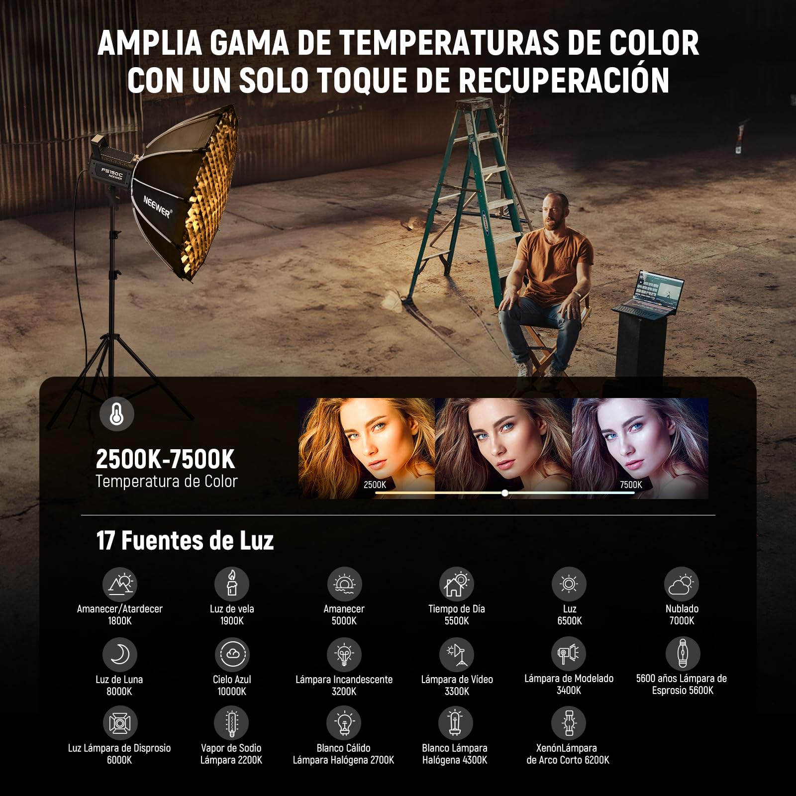 NEEWER 130W RGB LED Vídeo Luz App/2,4G Control 17 Efectos, 2500-7500K 19800lux/1m COB Iluminación Continua con CRI97/TLCI98 4 Curvas de Atenuación, Foco de Bowens Mount en Estudio Fotografía, FS150C