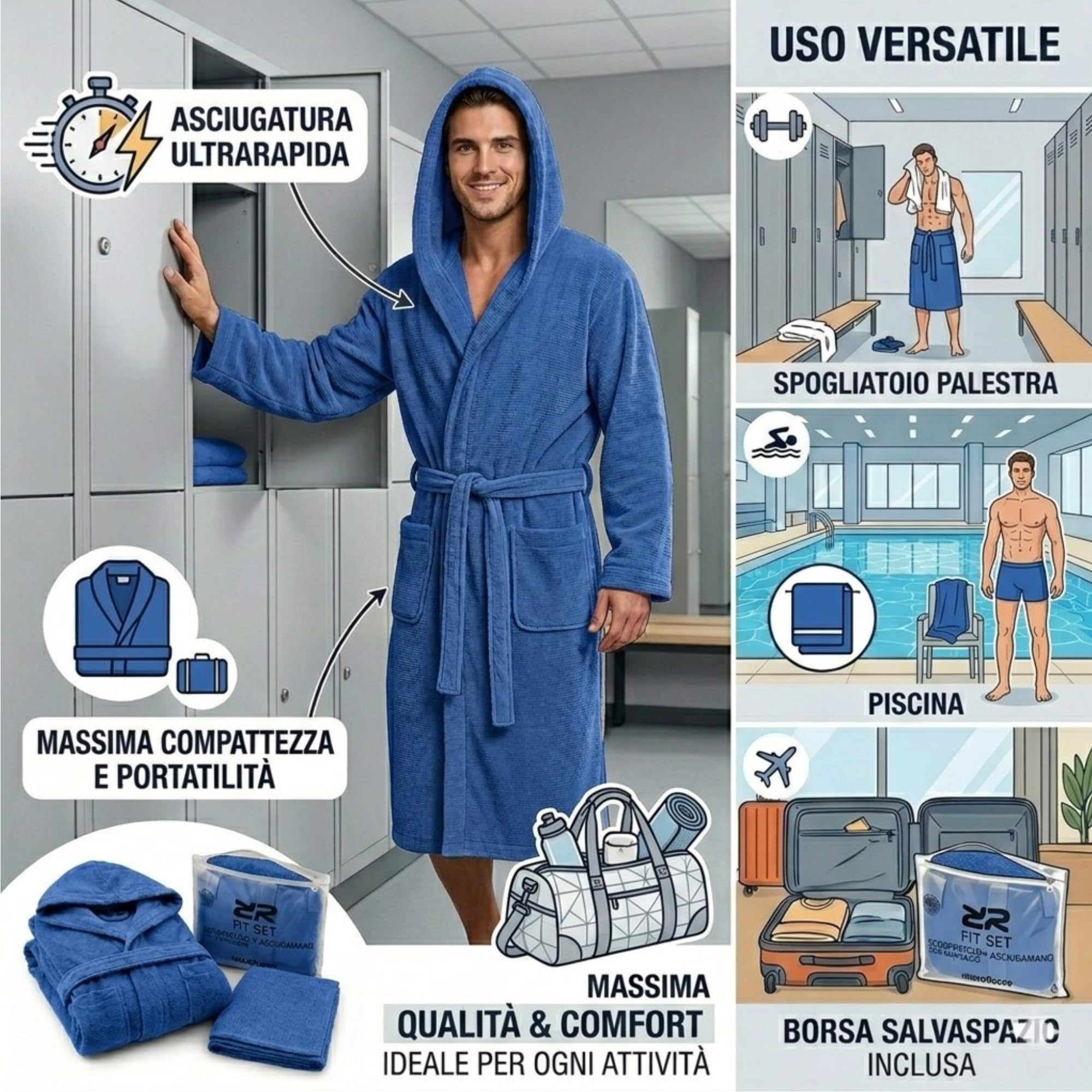 Set Accappatoio Microfibra Cappuccio e Telo Palestra Unisex