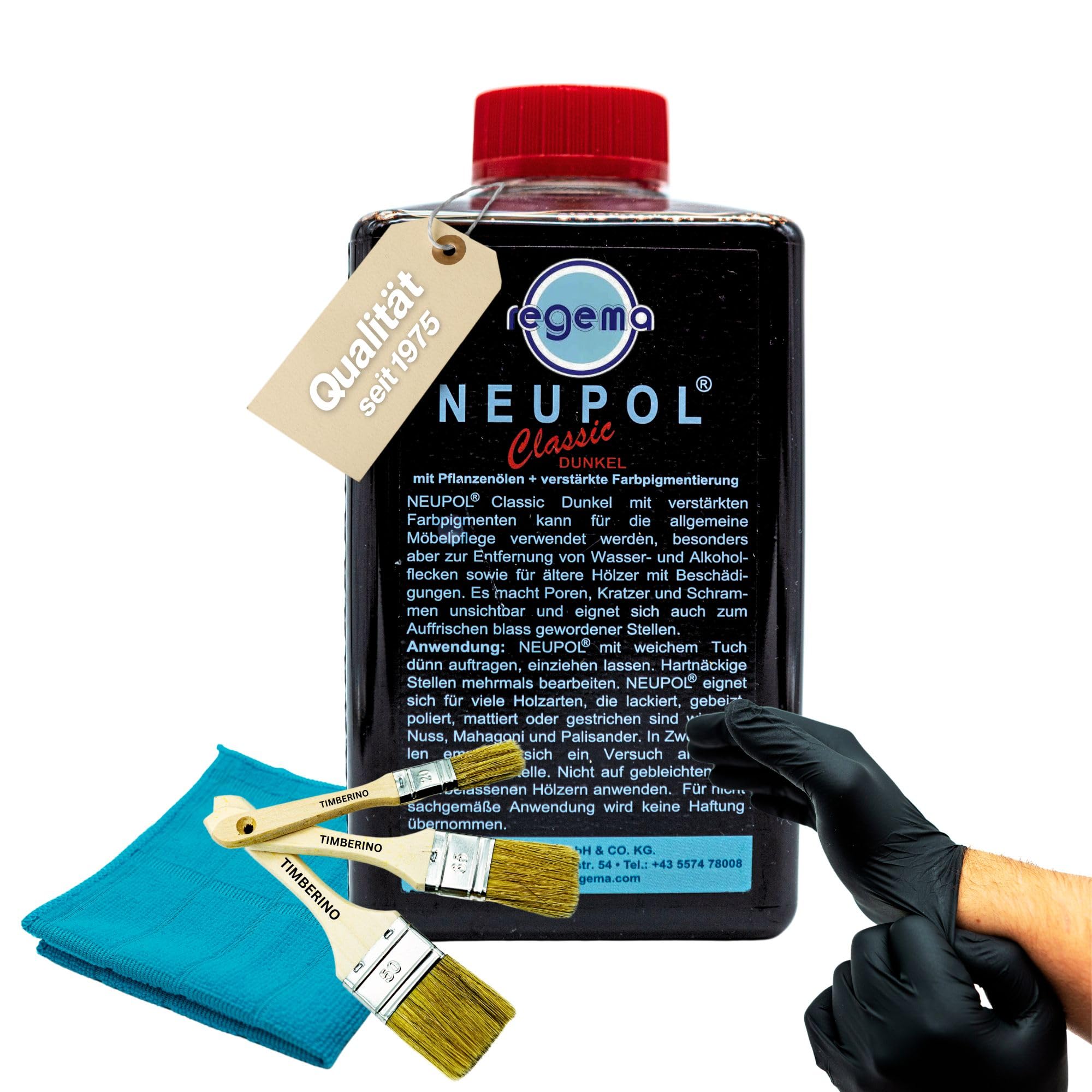 TIMBERINO Pflegeset Neupol Dunkel Classic Holzöl [500ml] Pflegeöl für Holzmöbel Innen Holz Öl mehr pigmentiert Echtholz Furnier [Holzöl+Öltuch+Pinsel+Handschuh] Möbelpolitur Holz