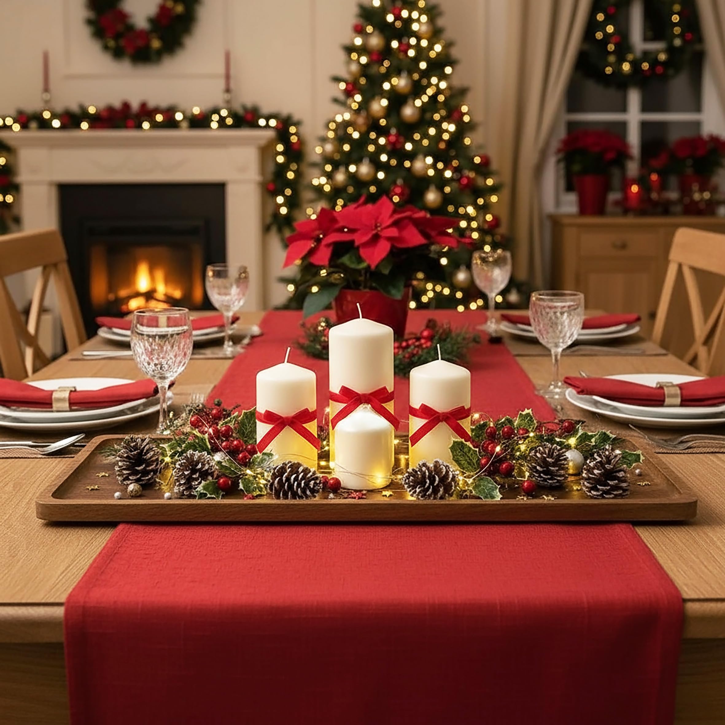 Vassoio decorativo in legno di acacia naturale – 60 x 15 cm – Piatto candela in legno massello – Vassoio per candele, vassoio in legno di acacia – Decorazione da tavolo per Natale Avvento matrimonio