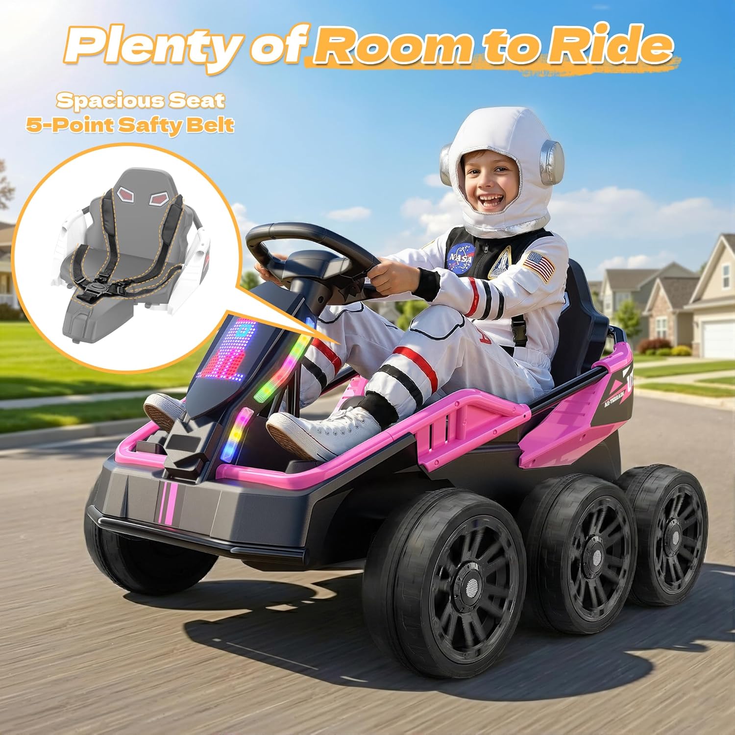 ANPABO 24V Ride on Toys for Big Kids Aged 3-12, Extended Legroom, Sturdy 6 Wheels, 4x100W Motor, 2WD/4WD Switchable, Max 5Mph, LED Display, Bluetooth Music, Electric Car w/Remote Control, Pink