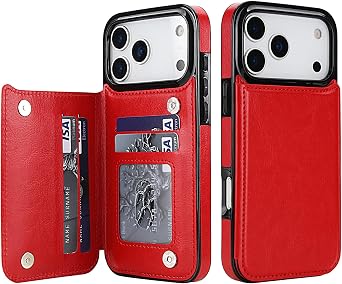Case for iPhone 17 Pro Max, Shockproof PU Leather Flip Cover with Card Holder, Magnetic Closure, Slim Folio Stand Protective Case with Multiple Card Slots, Red