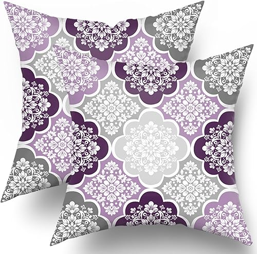 Miniatura 10 de Juego de 2 fundas de almohada de color verde para exteriores de 18 x 18 pulgadas, color verde azulado y gris, floral, estilo bohemio, fundas de