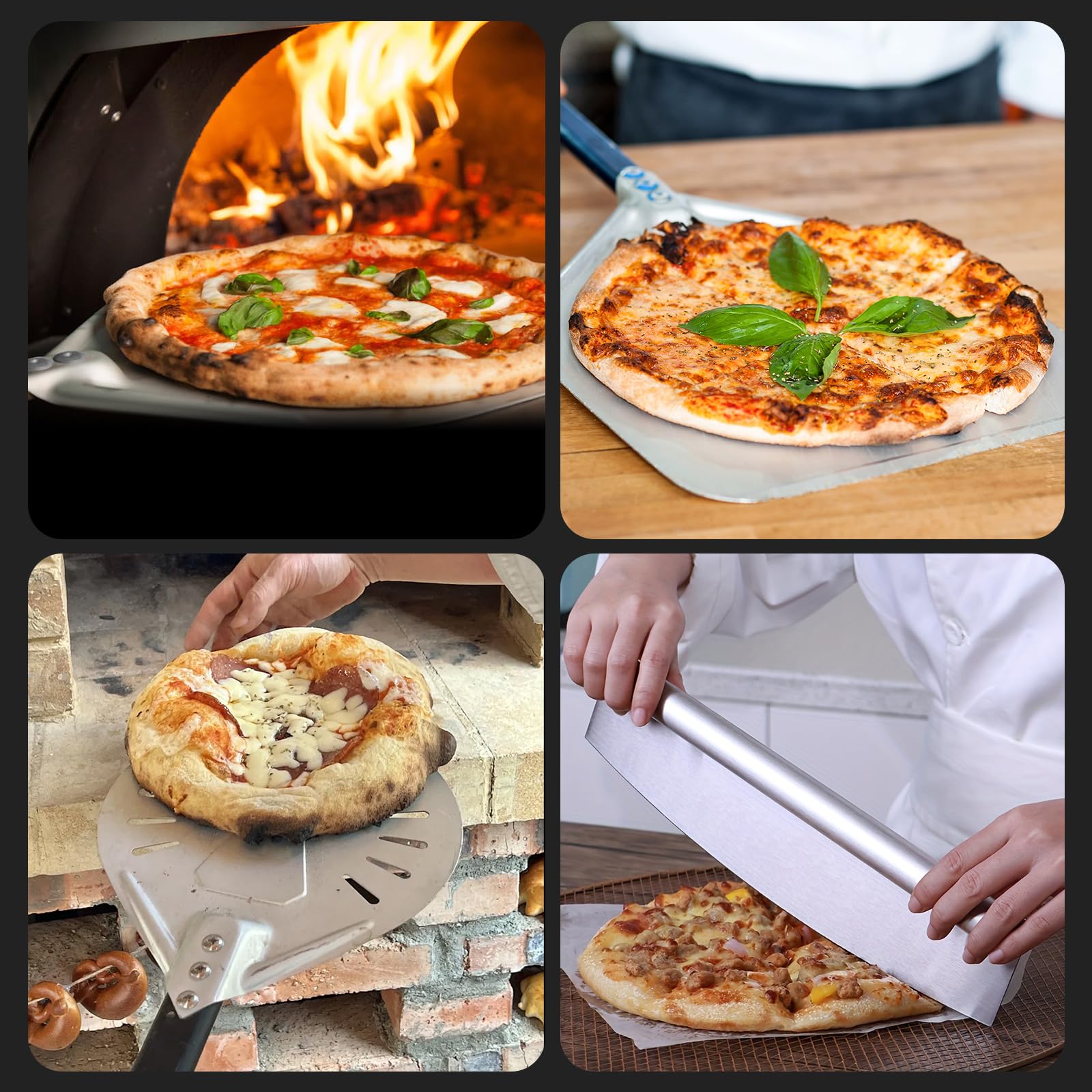 Yofuly - Juego de pala de pizza de metal de 12 pulgadas con cortador de balancín, pala perforada de aluminio para horno, cepillo de limpieza de piedra de pizza con mango largo, 4 espátulas de pizza al